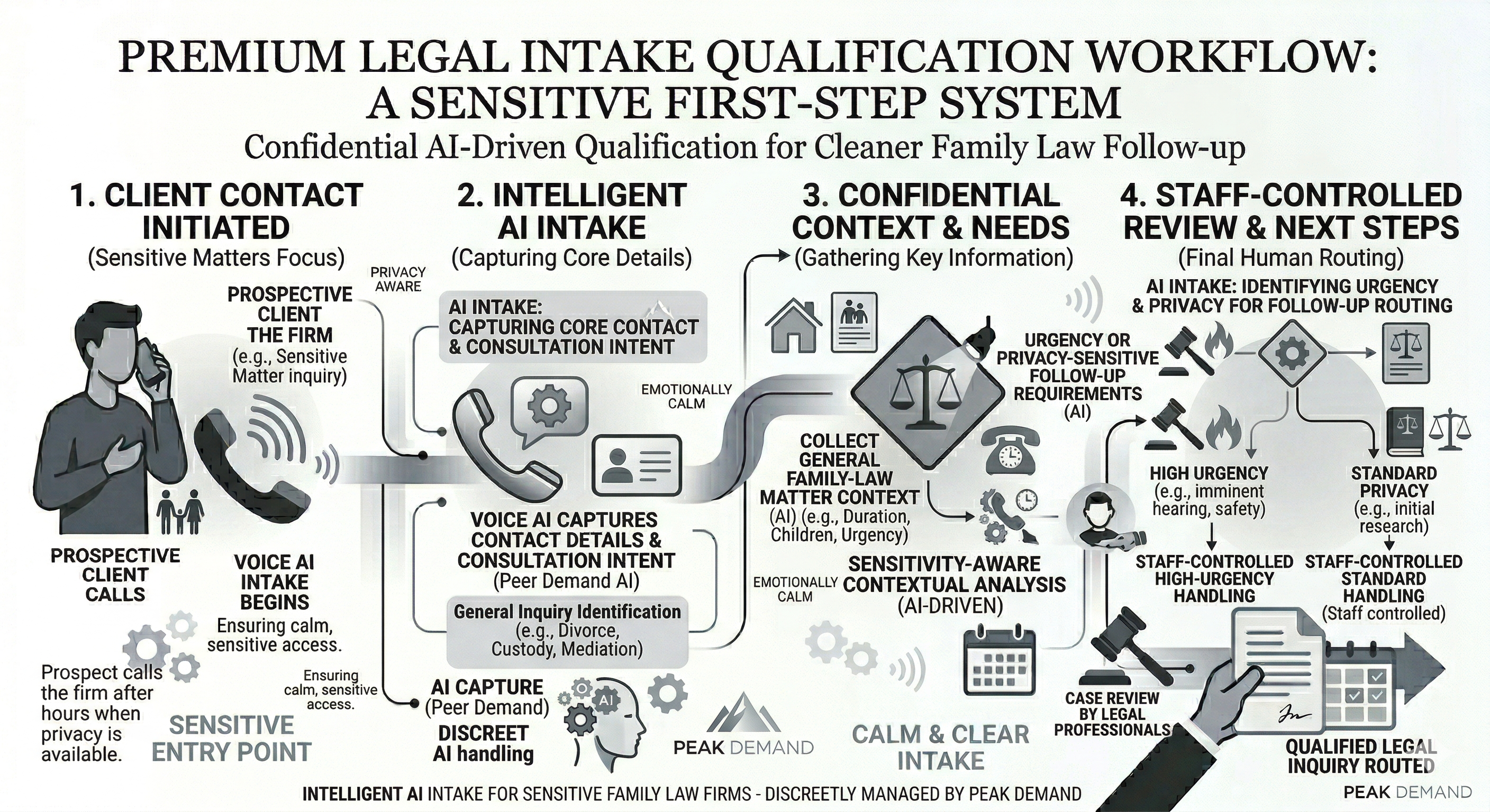 Voice AI family law intake and qualification workflow capturing sensitive inquiry details for staff review