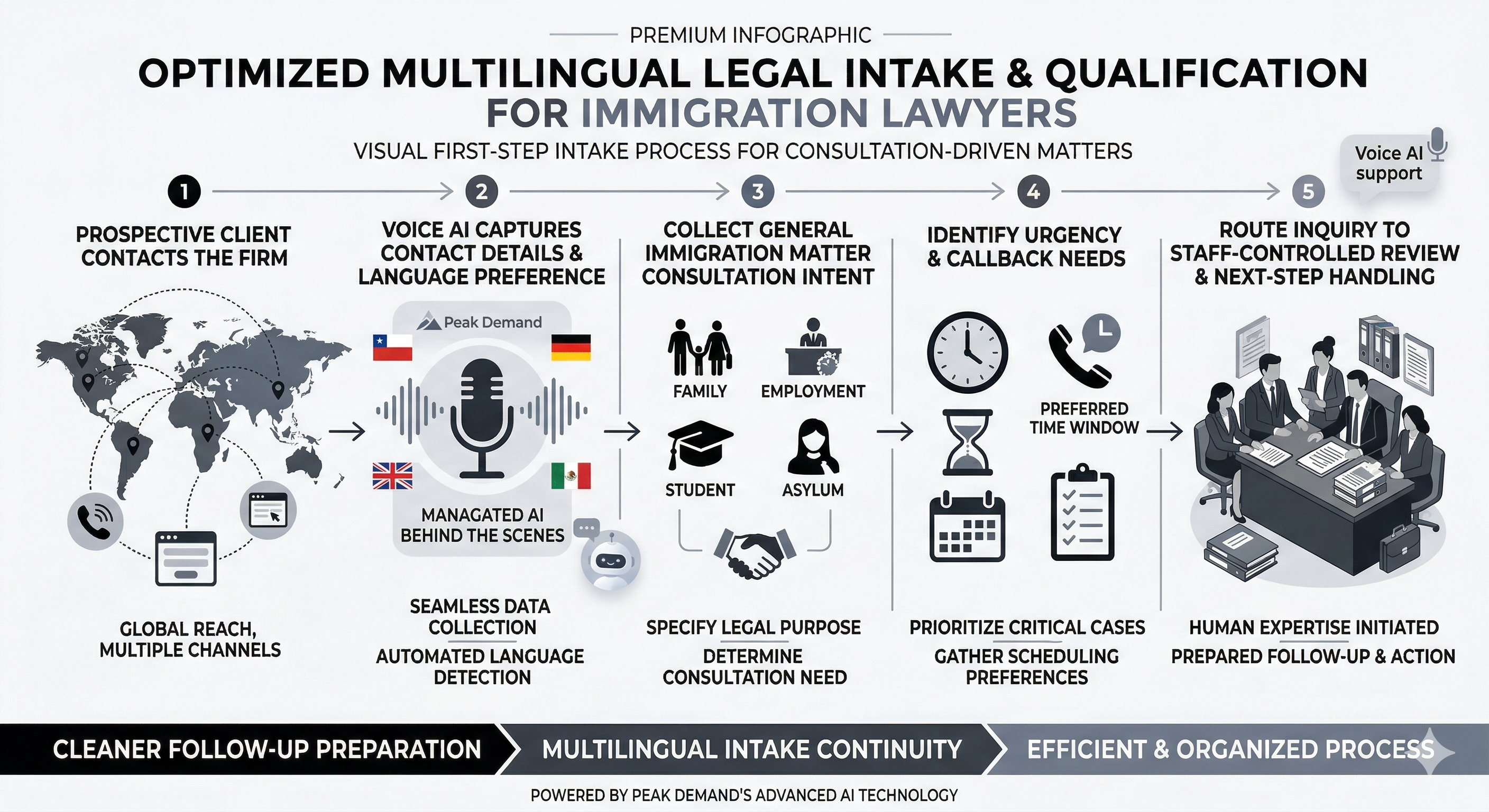 Voice AI immigration intake and qualification workflow capturing multilingual inquiry details for staff review