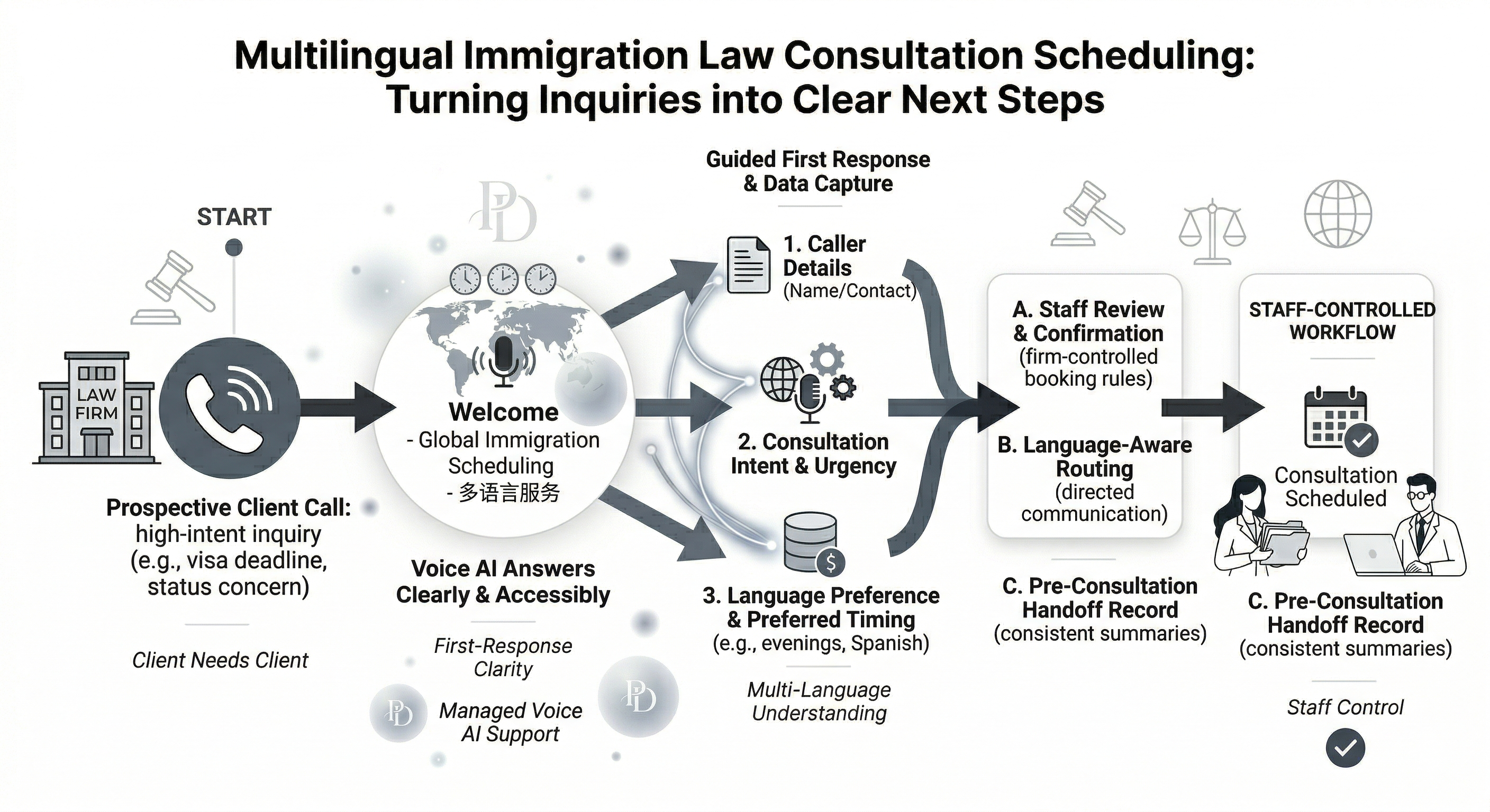 Voice AI consultation scheduling support for immigration lawyers preserving high-intent inquiry momentum and staff follow-up