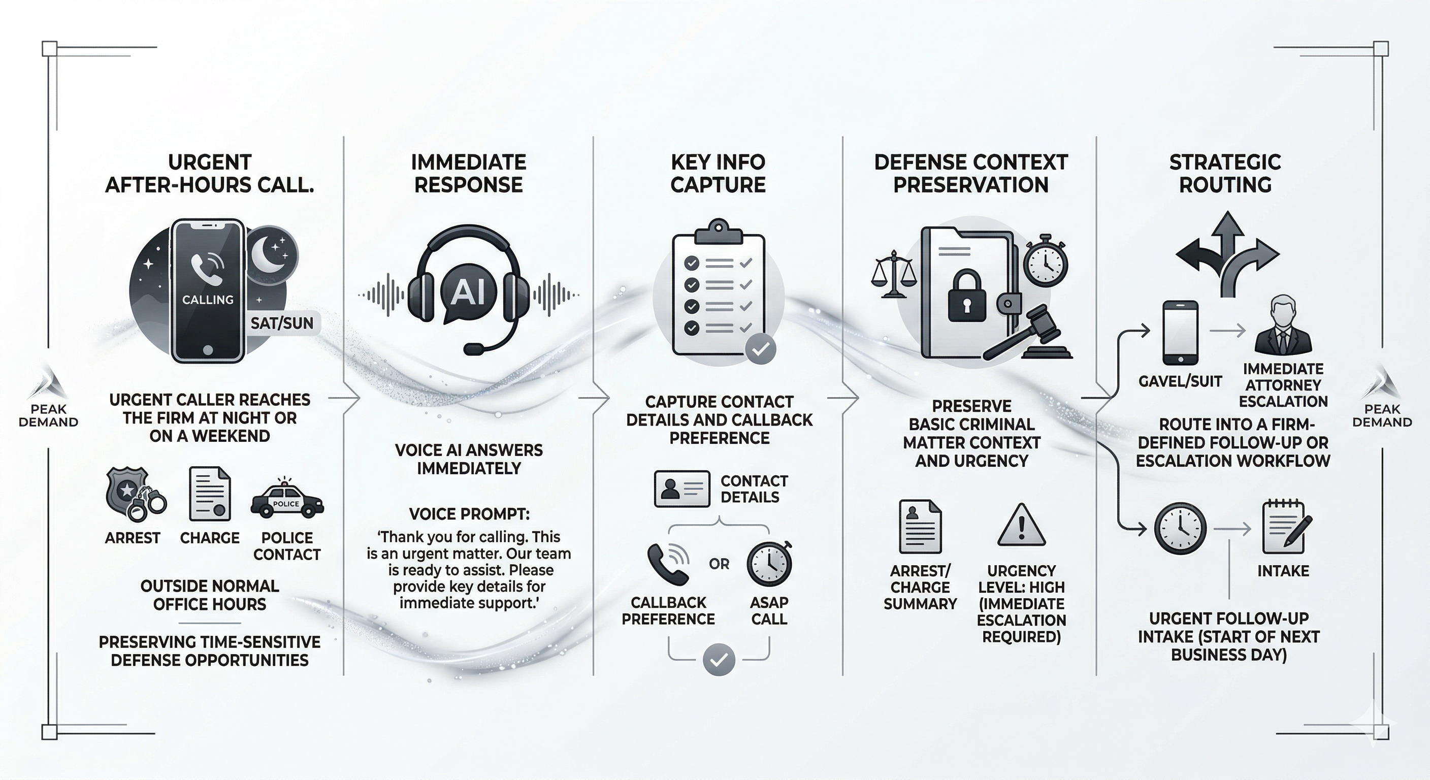 Voice AI after-hours intake support for criminal defense lawyers capturing urgent new client inquiries and callback details