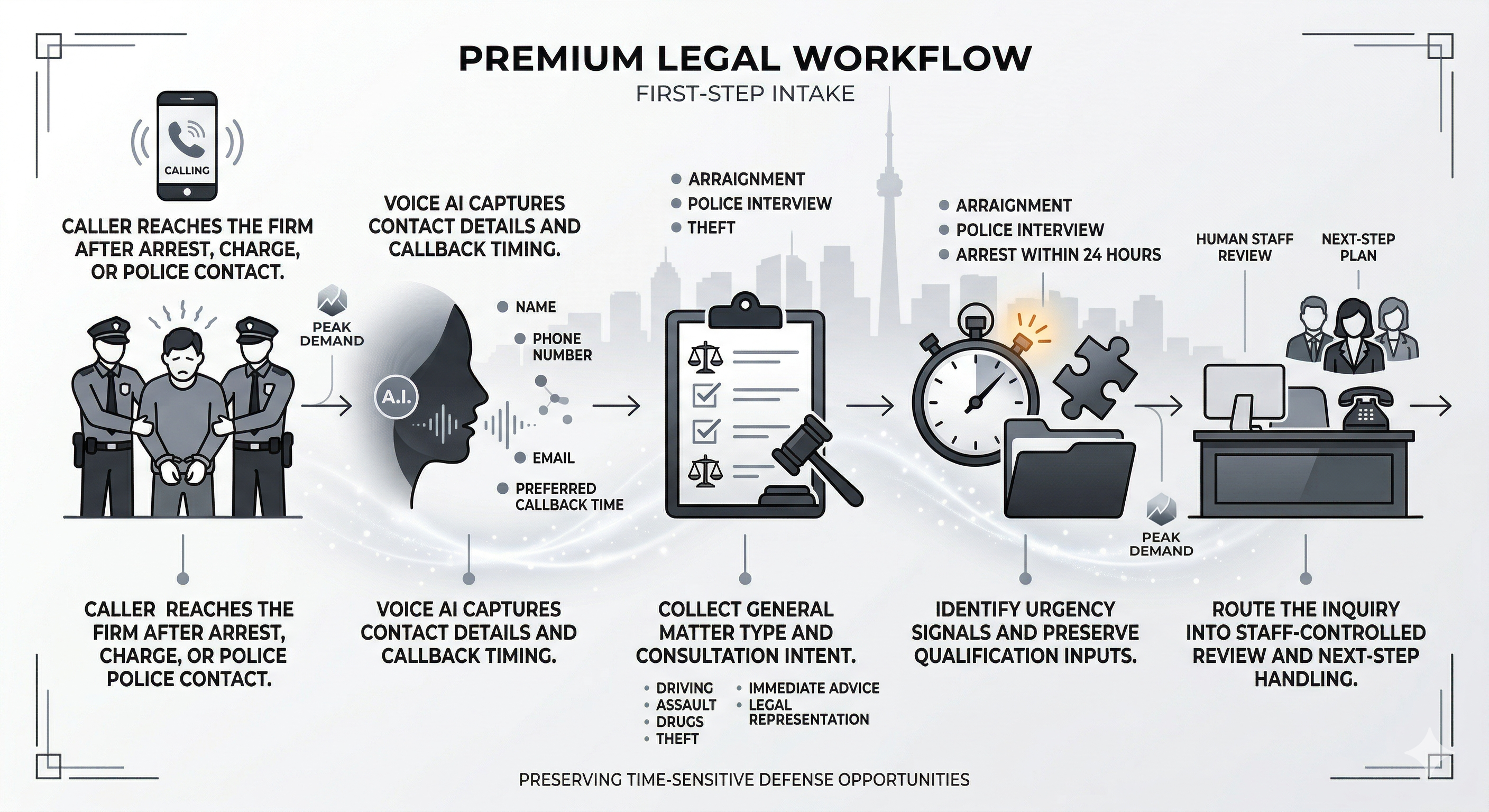 Voice AI criminal defense intake and qualification workflow capturing urgent inquiry details for staff review