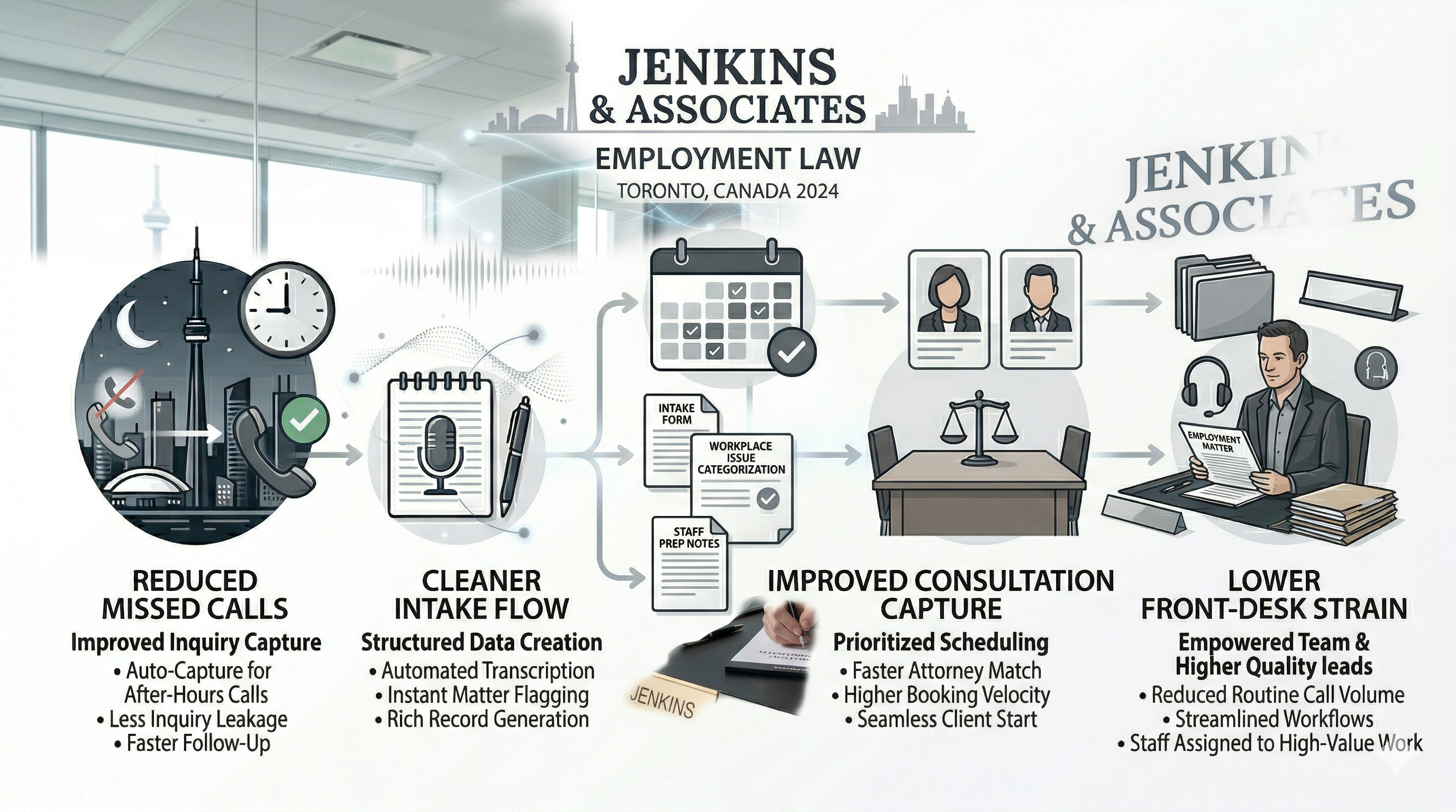 Business impact overview for employment law Voice AI shown as a premium legal executive graphic