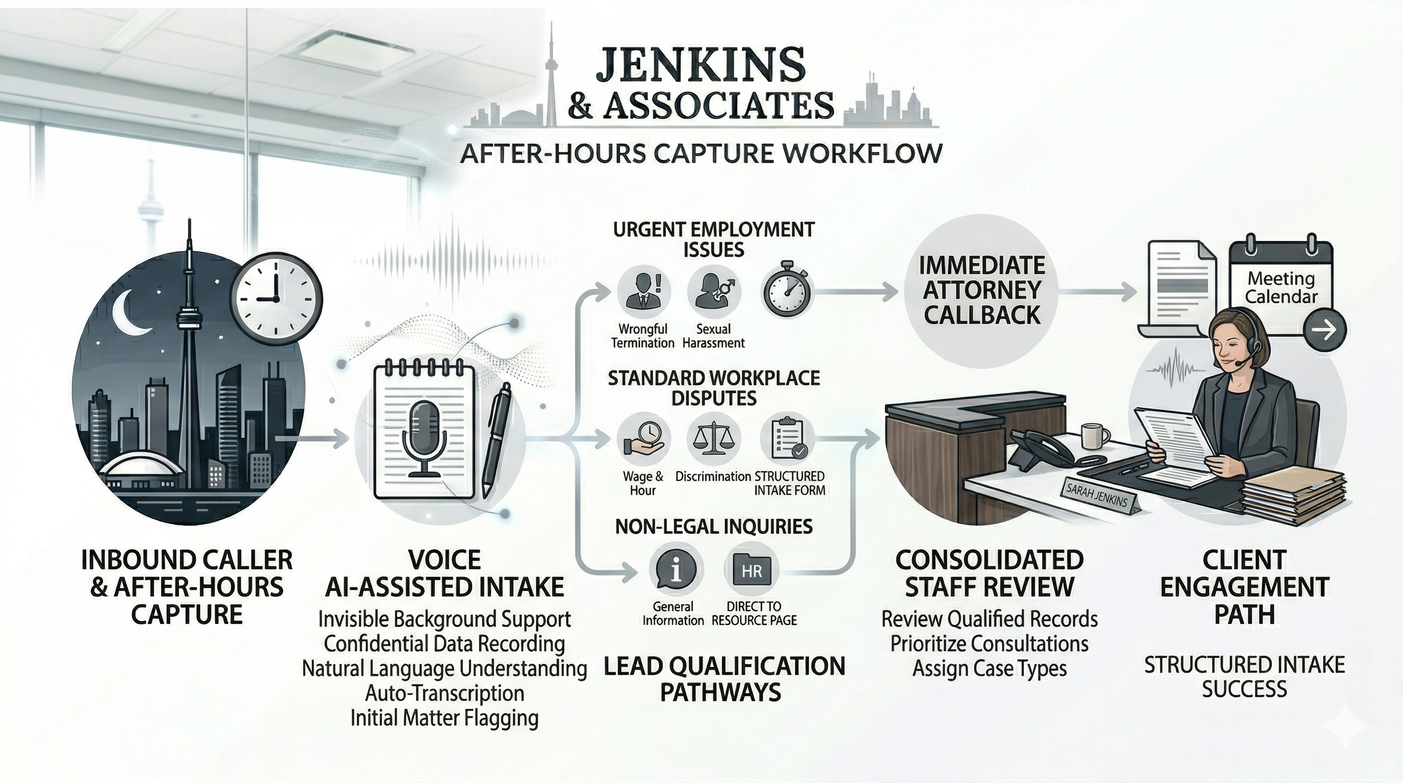 Employment law intake and lead qualification workflow shown as a premium legal operations graphic