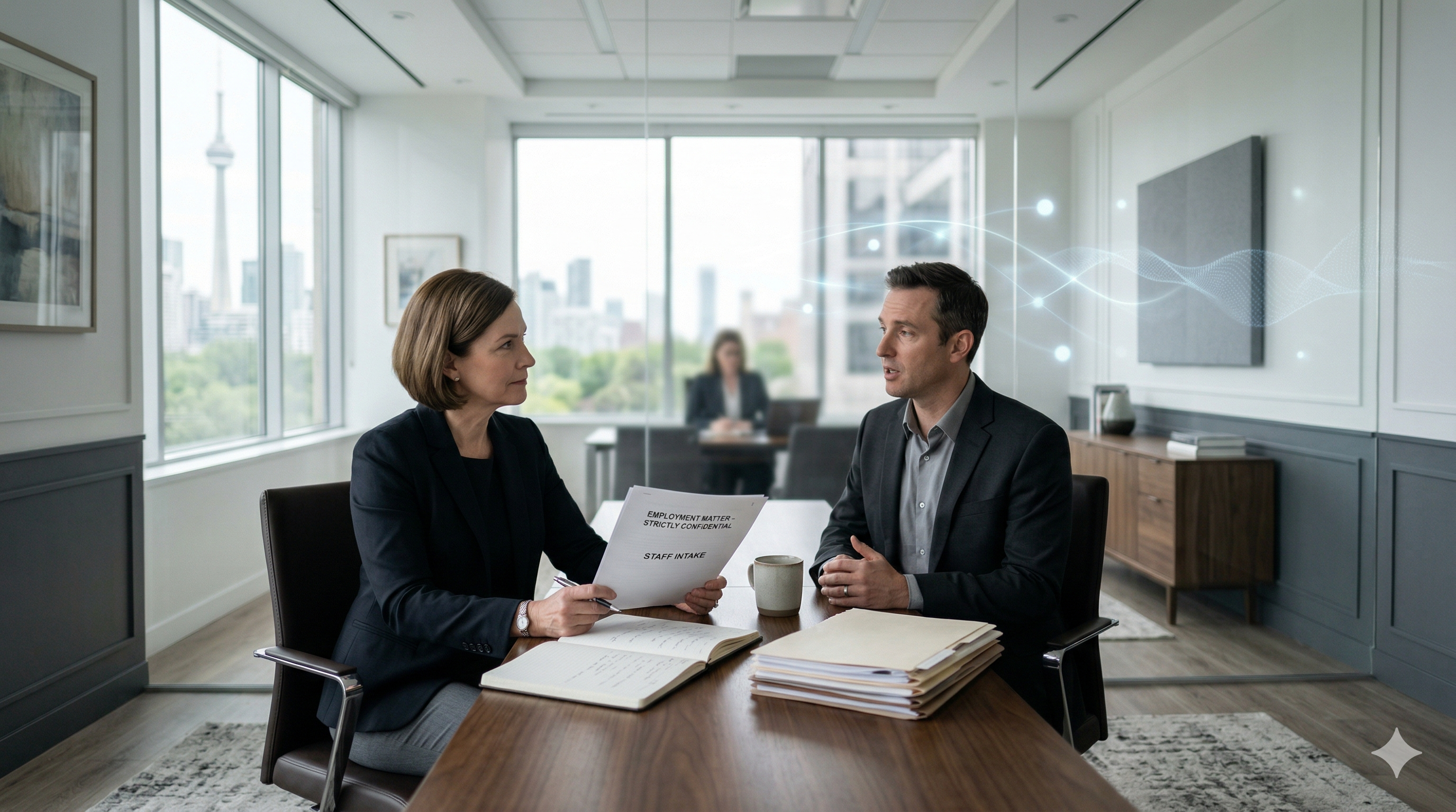 Employment law office consultation setting with subtle Voice AI support elements in the background