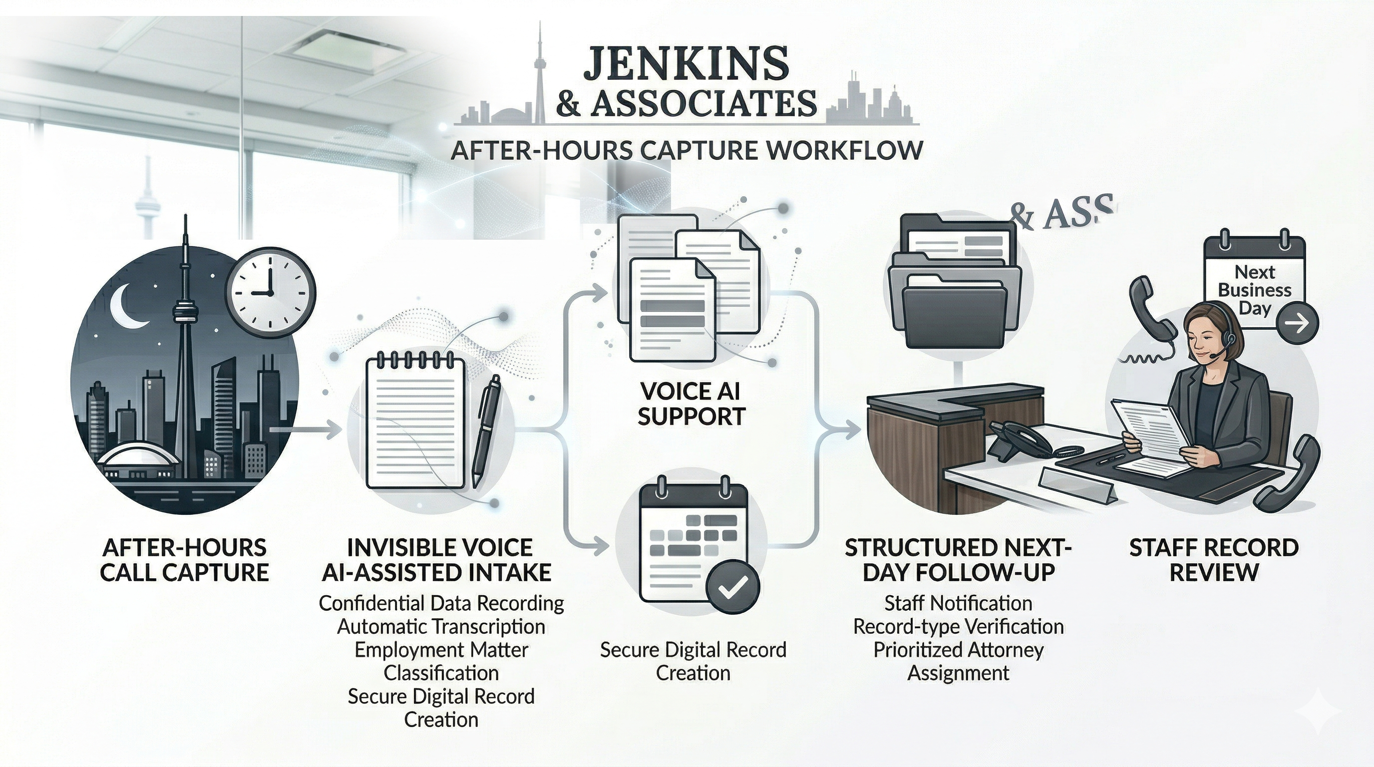 After-hours employment law call handling shown in a premium legal workflow visual