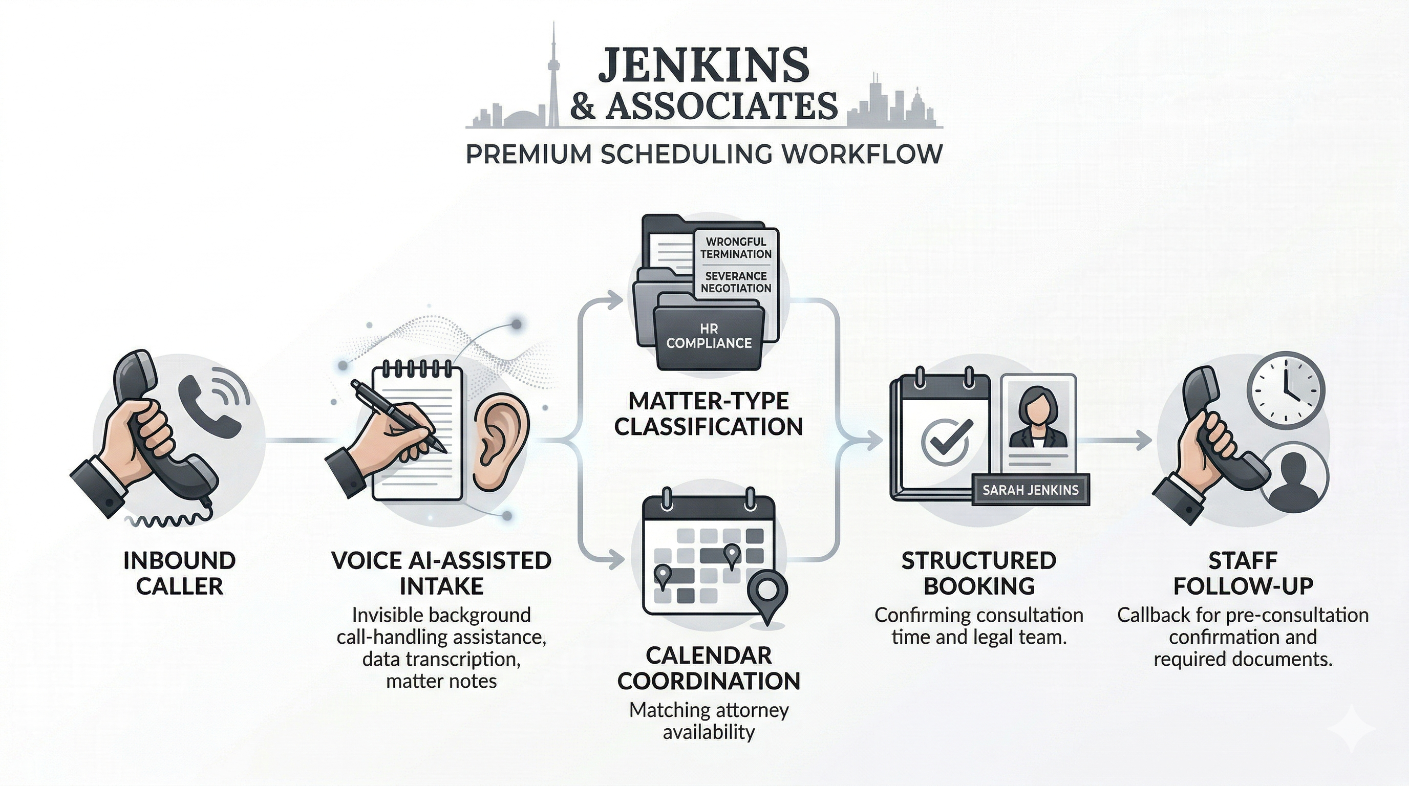 Employment law consultation scheduling workflow shown through a premium legal operations visual