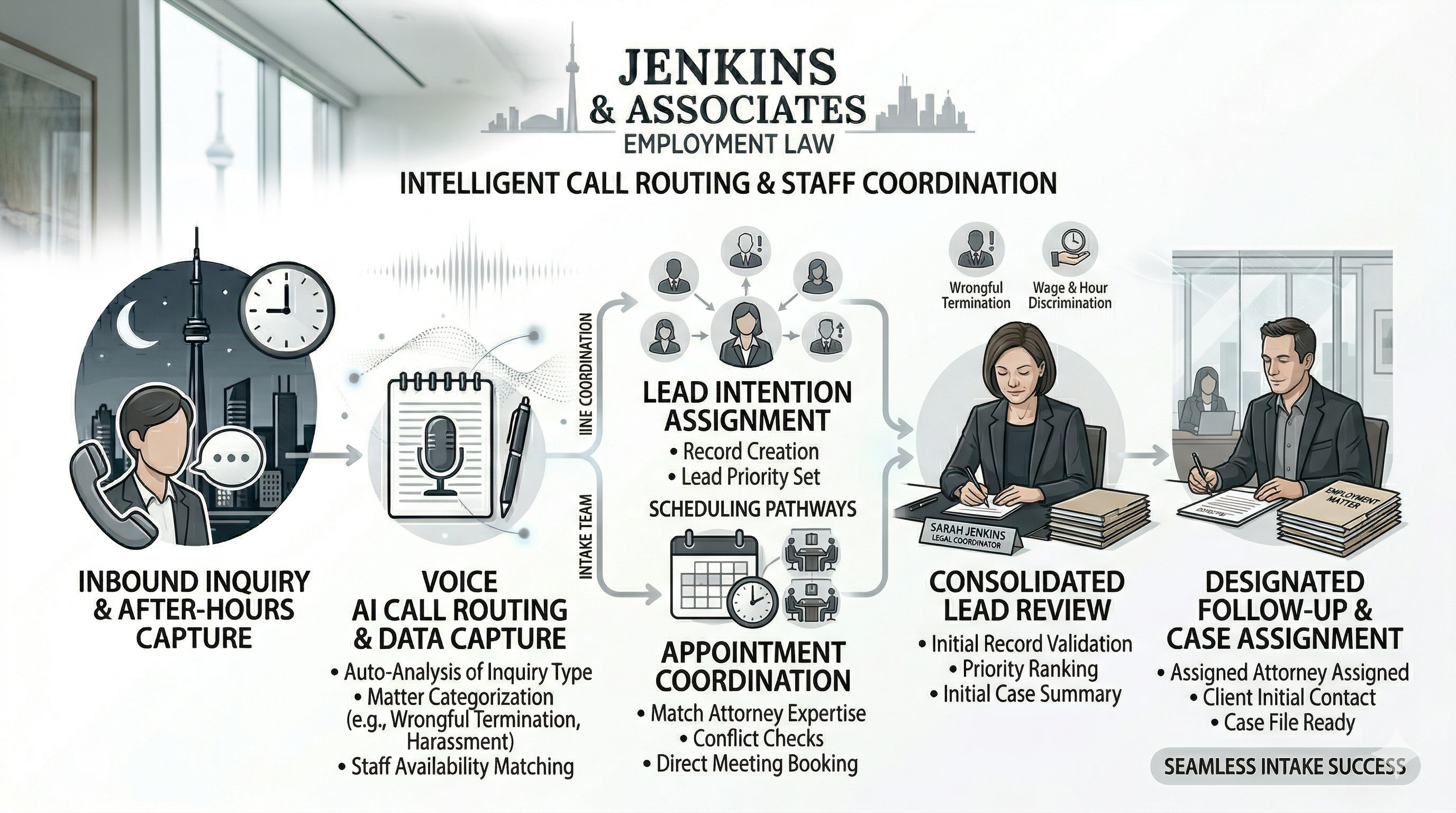 Employment law call routing and staff coordination workflow shown as a premium legal operations visual