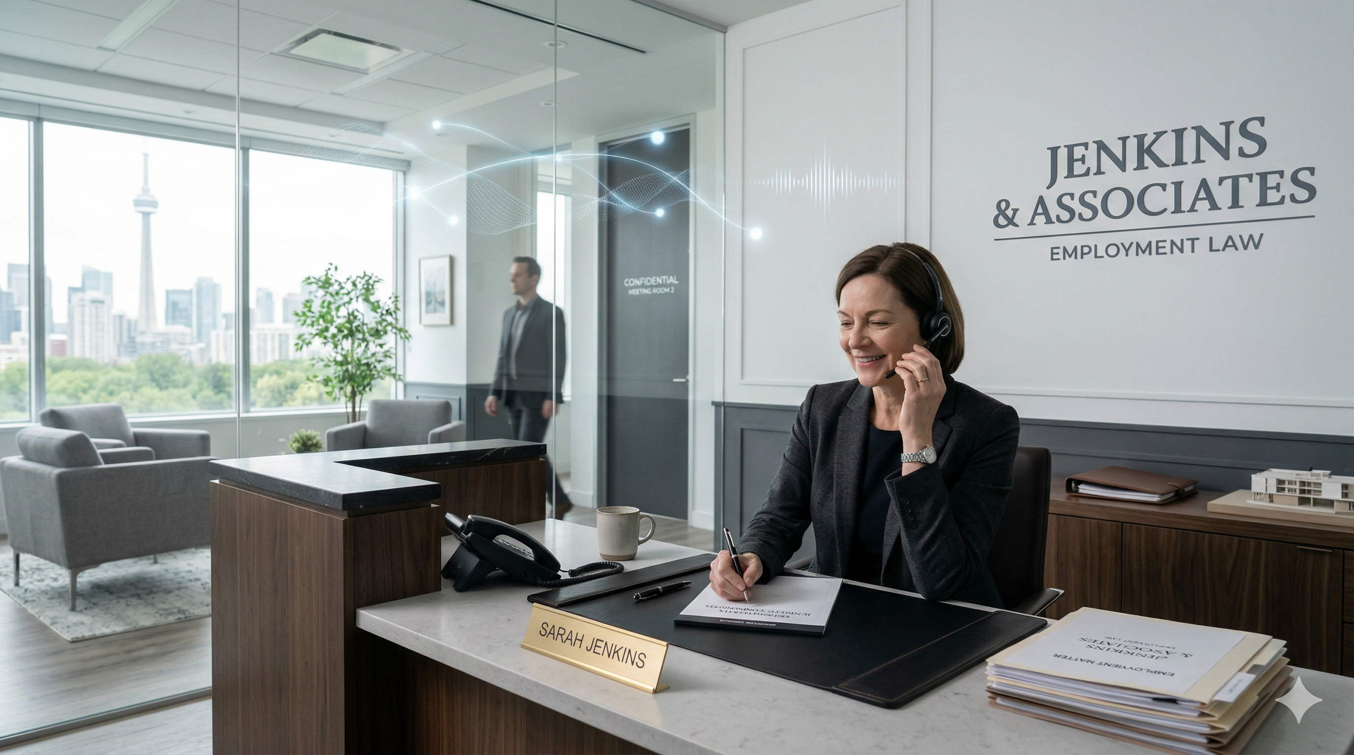 Professional employment law firm reception setting with subtle Voice AI support elements