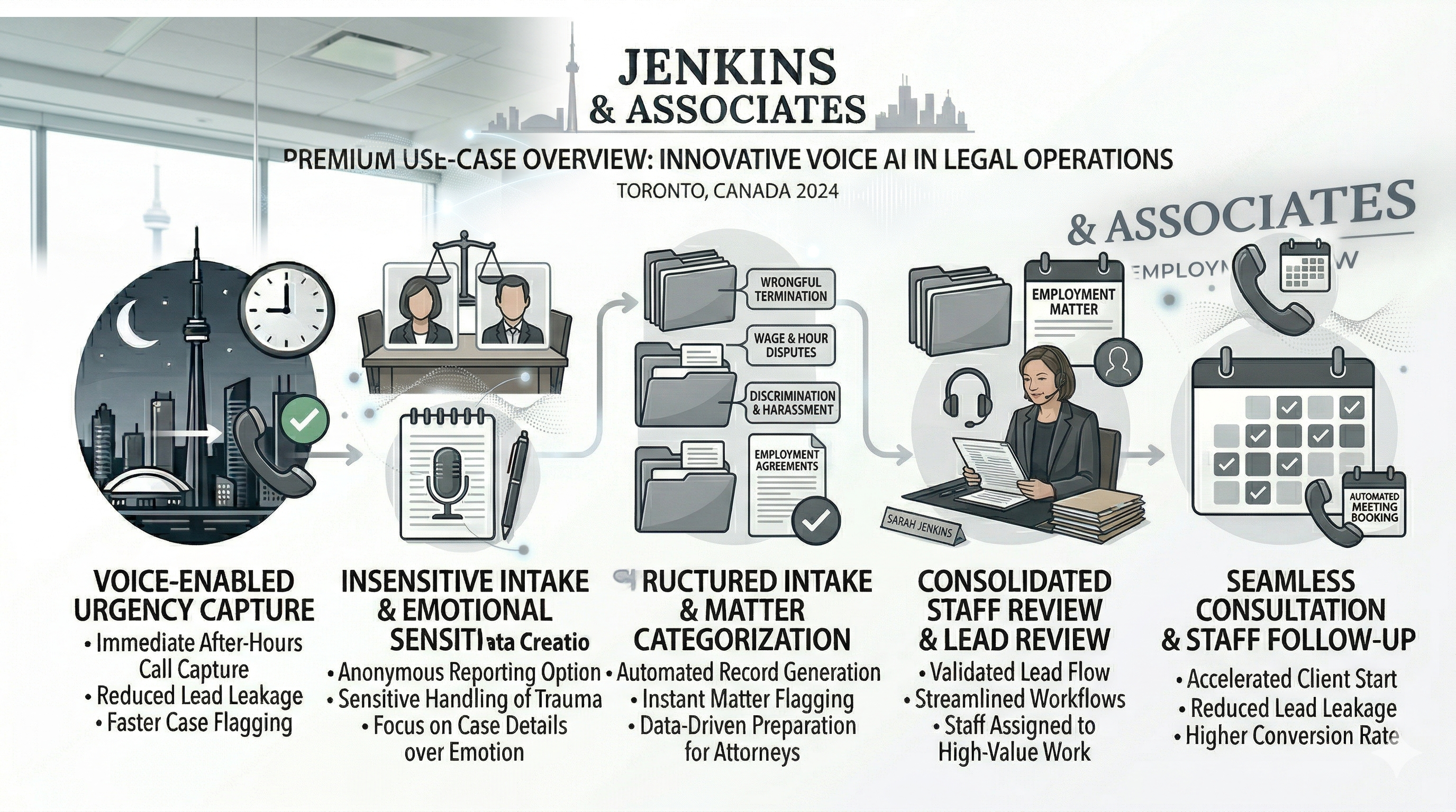 Employment law Voice AI use cases shown as a premium legal operations overview graphic