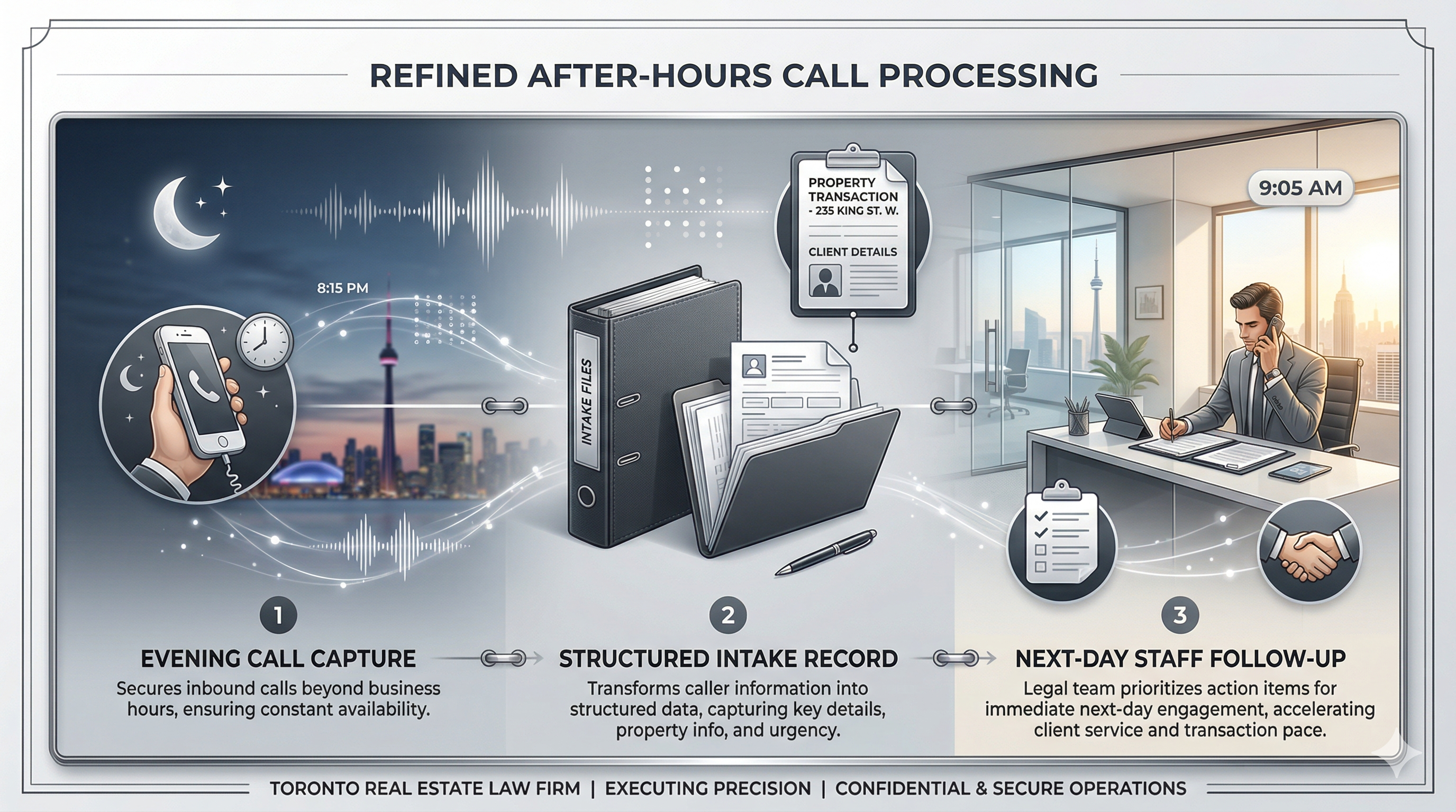 After-hours real estate law call handling shown in a premium legal workflow visual
