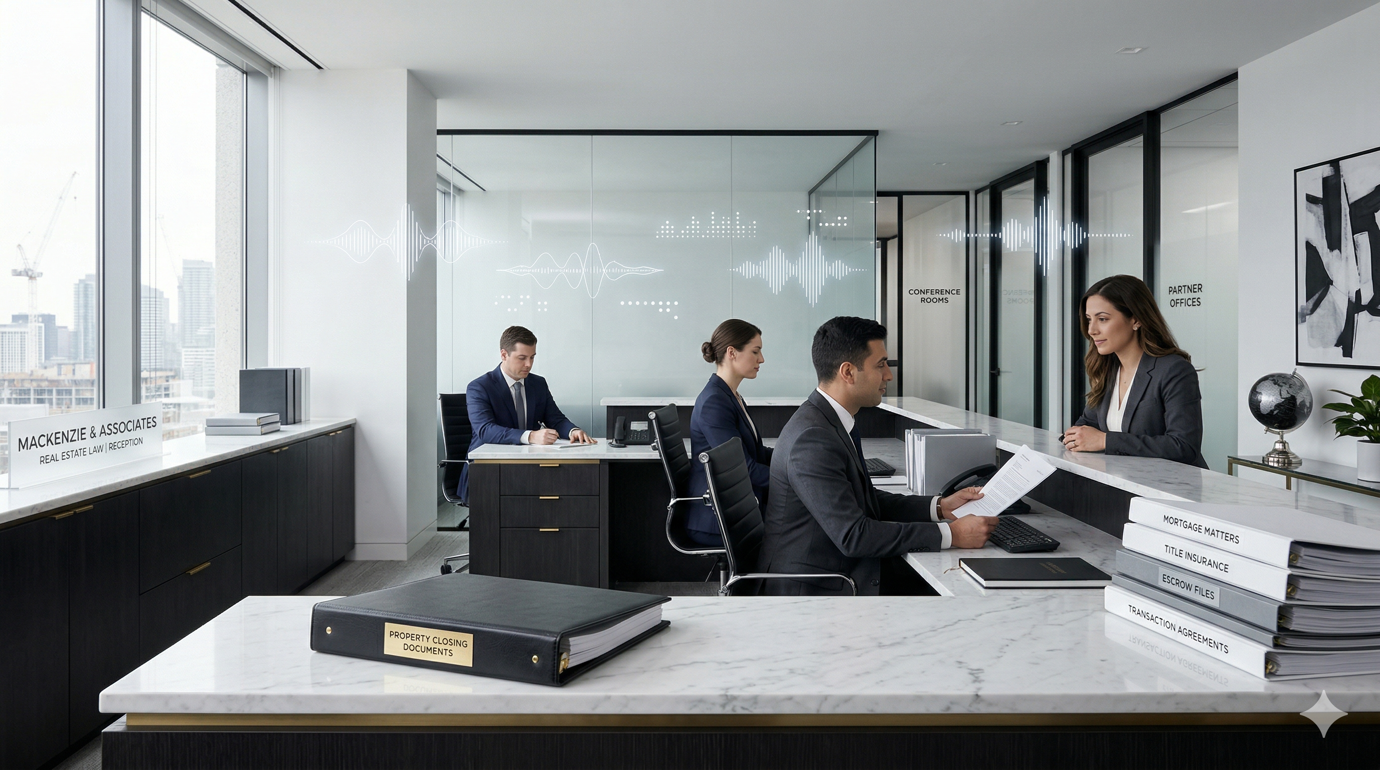 Professional real estate law firm reception and transaction communication setting with subtle Voice AI support cues