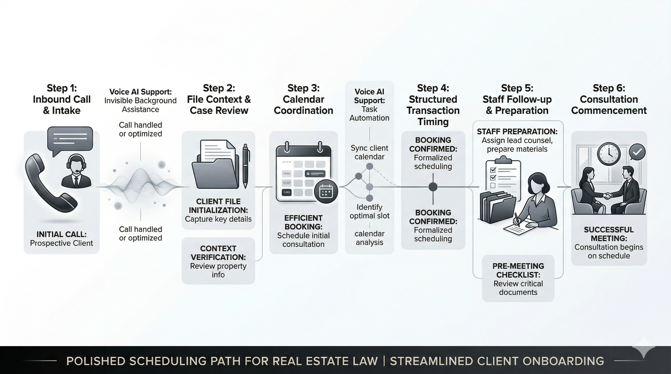 Real estate law consultation scheduling workflow shown through a premium legal operations visual