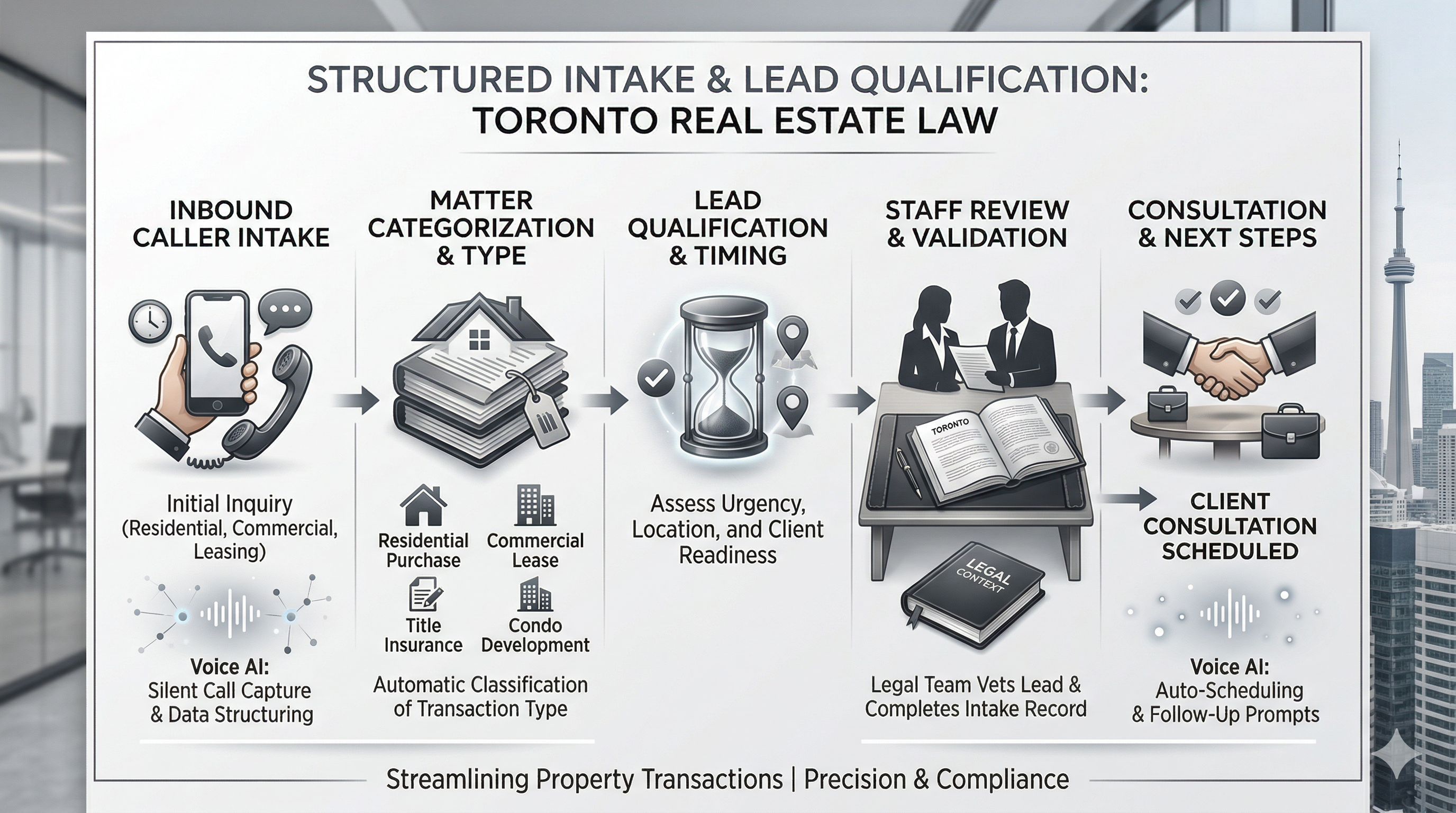 Real estate law intake and lead qualification workflow shown as a premium legal operations graphic