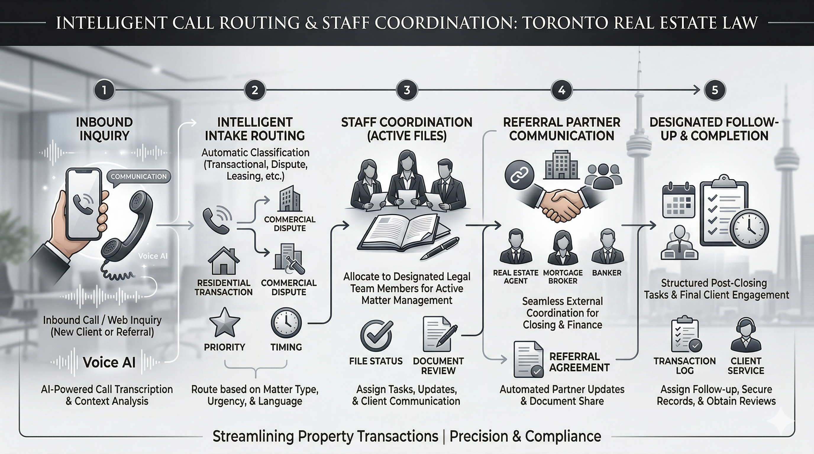 Real estate law call routing and staff coordination workflow shown as a premium legal operations visual