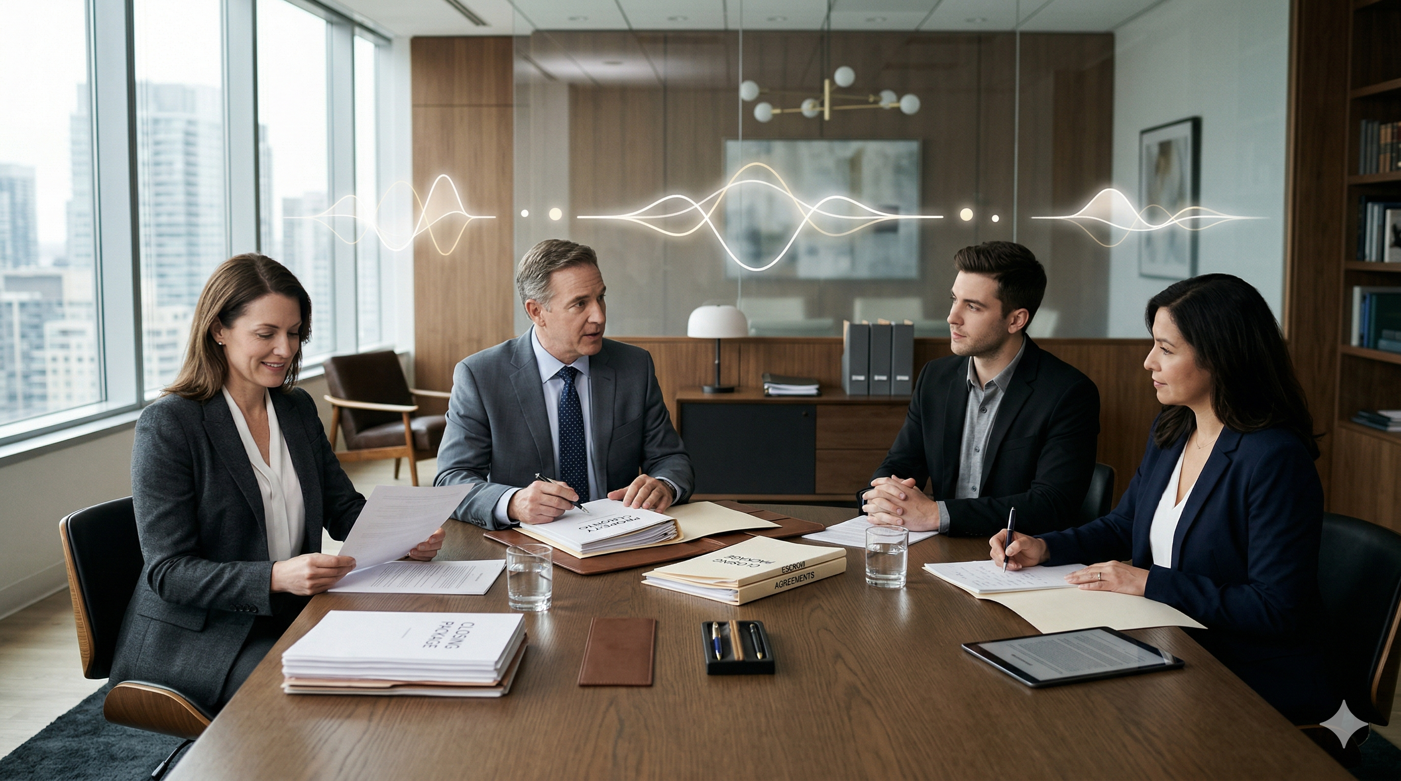 Real estate law office communication and transaction coordination setting with subtle Voice AI support elements