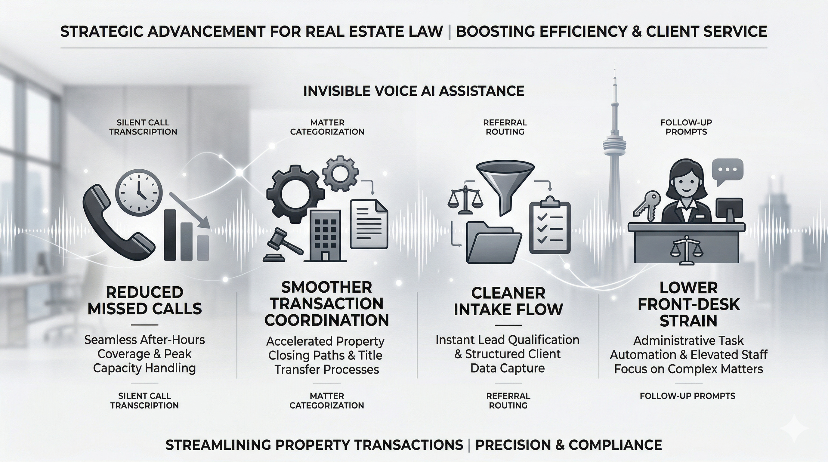 Business impact overview for real estate law Voice AI shown as a premium legal executive graphic
