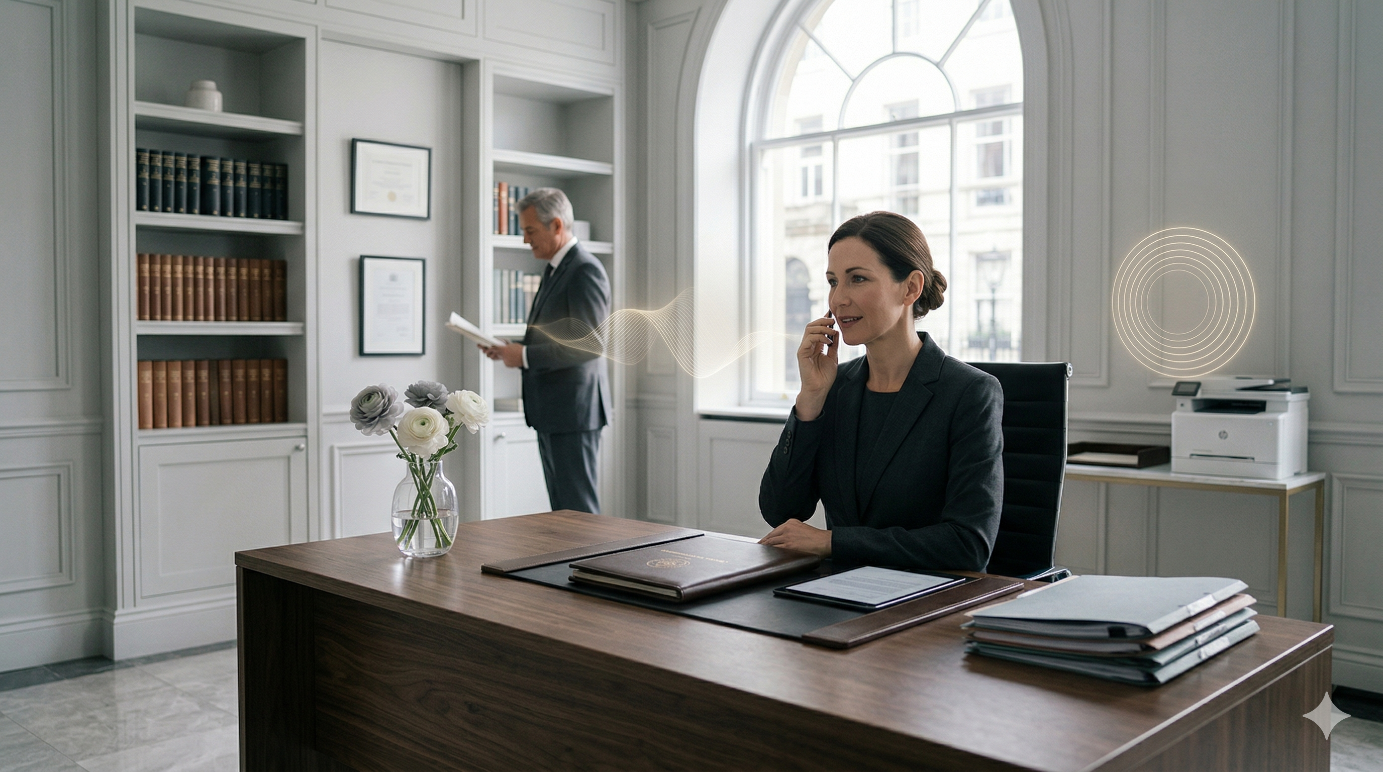 Professional probate law firm receptionist and estate intake environment with subtle Voice AI support cues