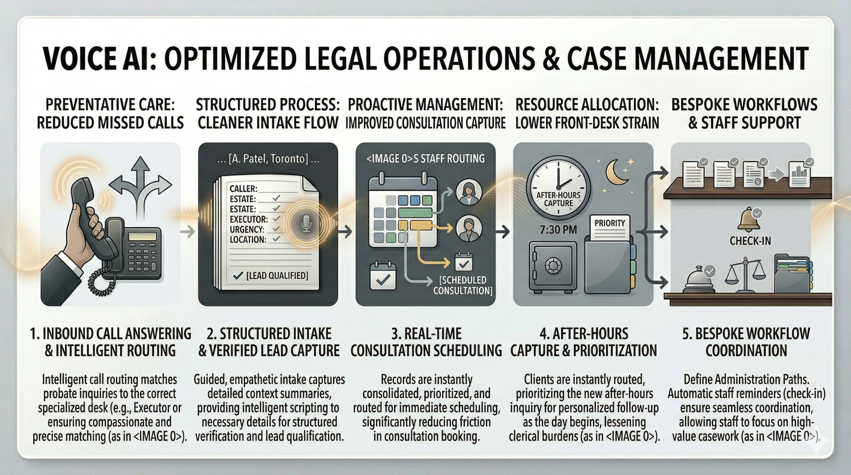 Probate law Voice AI use cases shown as a premium legal operations overview graphic