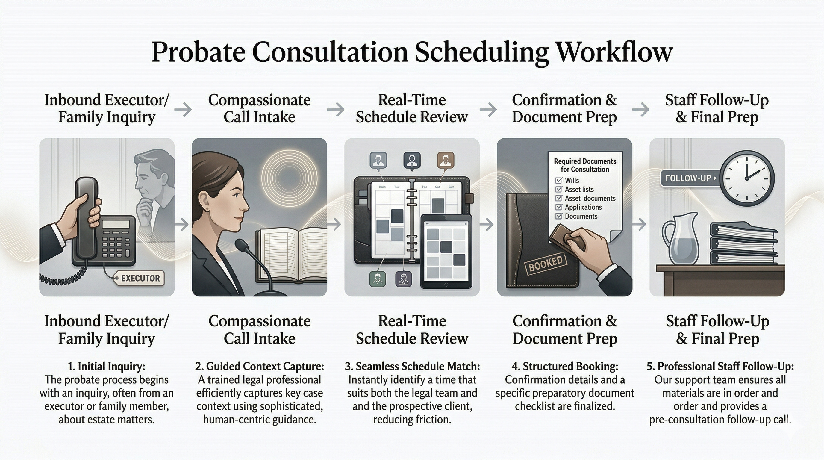 Probate law consultation scheduling workflow shown through a premium legal operations visual