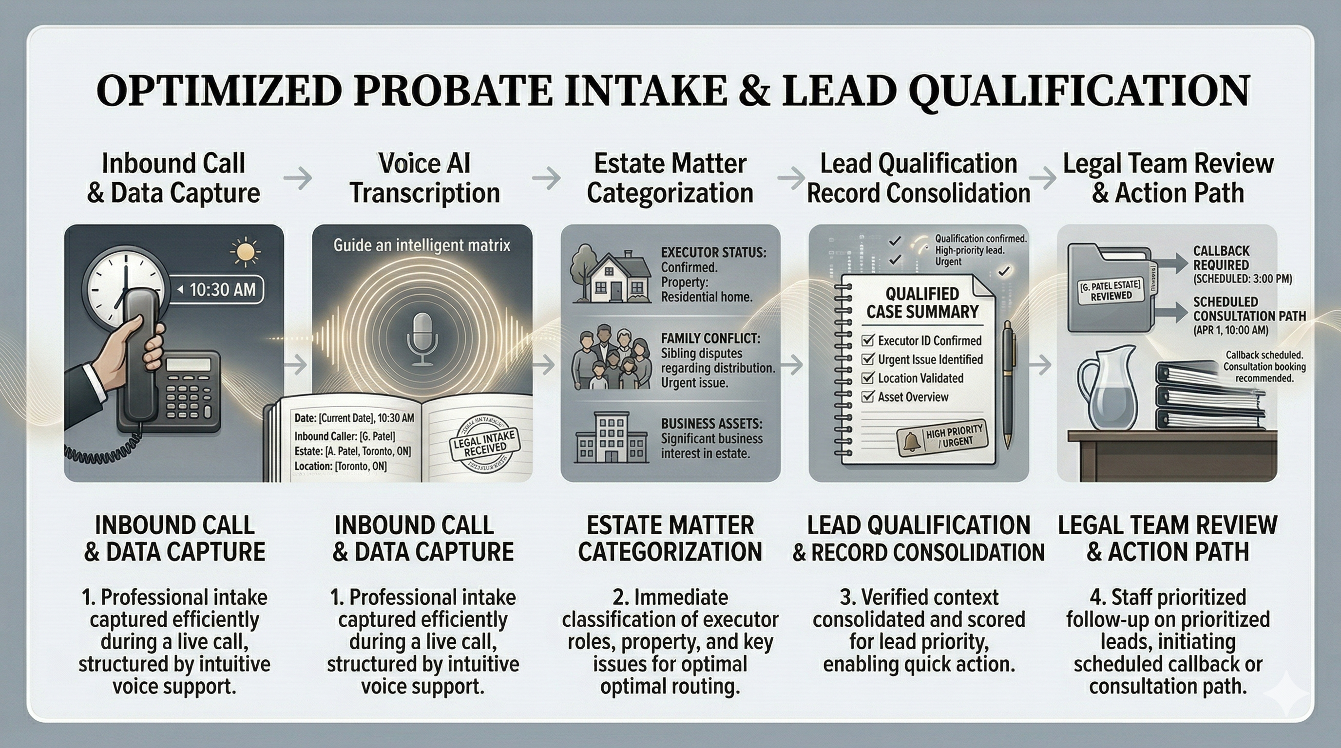 Probate law intake and lead qualification workflow shown as a premium legal operations graphic