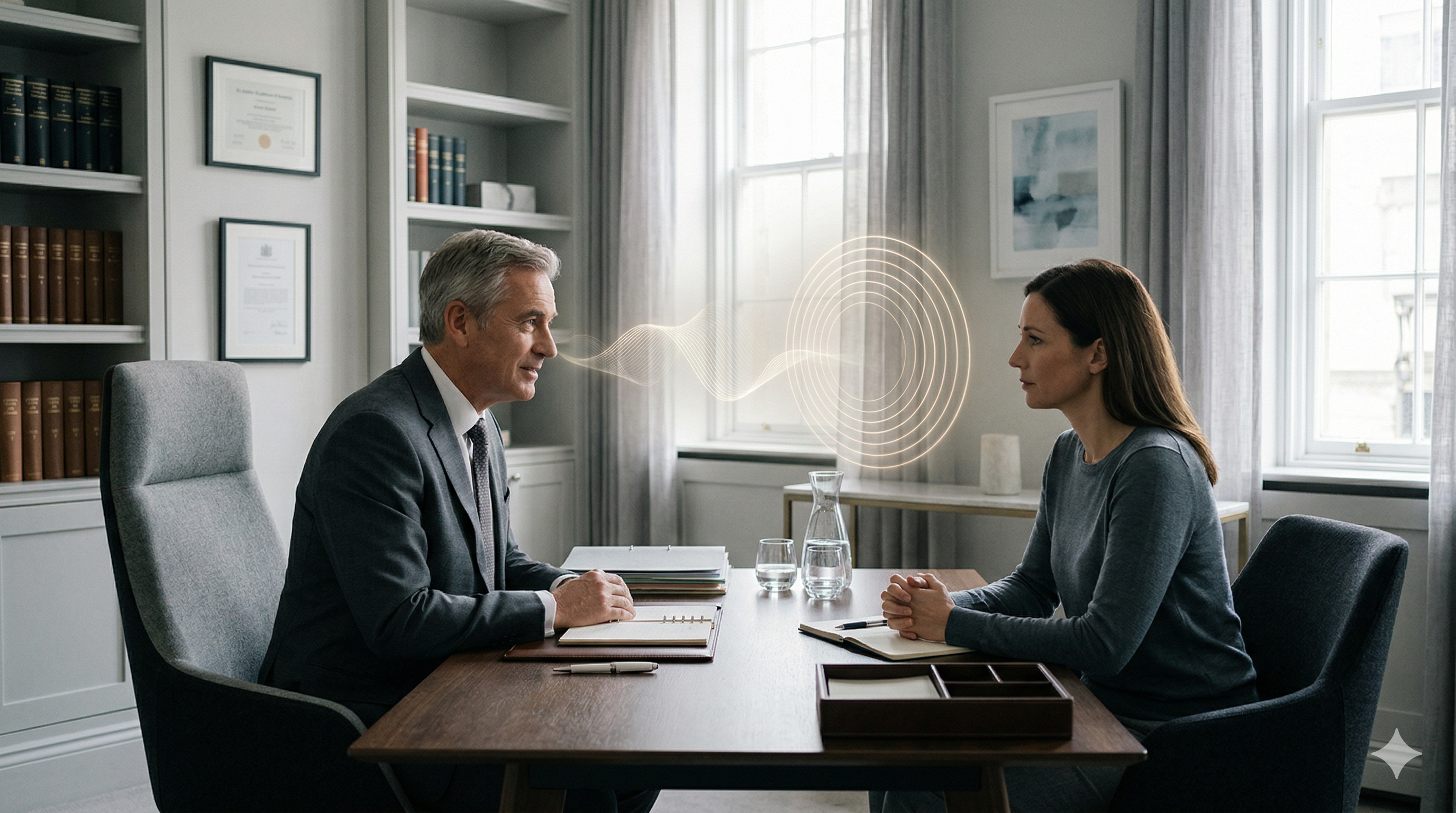 Probate law office consultation setting with subtle Voice AI support elements in the background