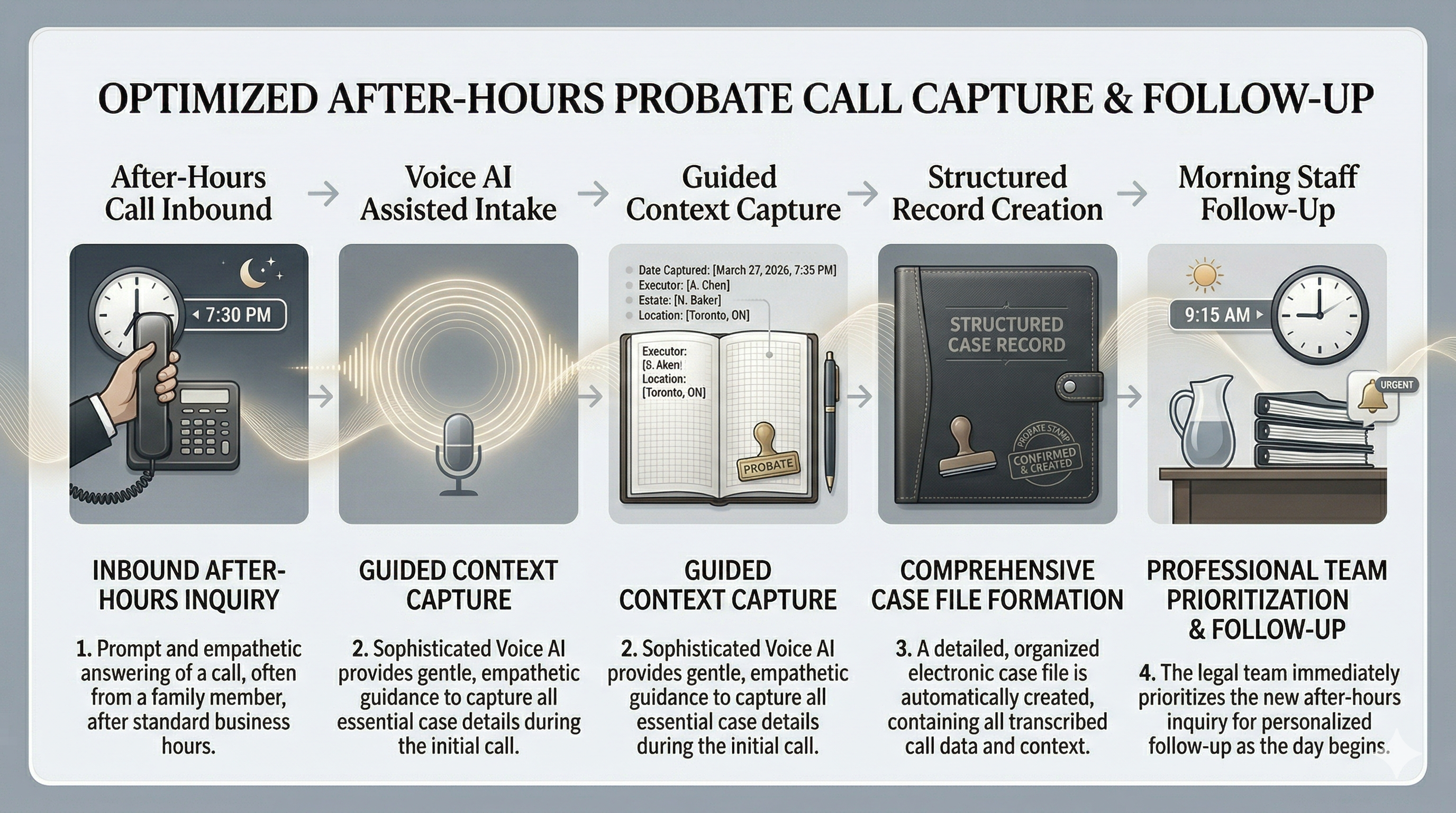 After-hours probate law call handling shown in a premium legal workflow visual