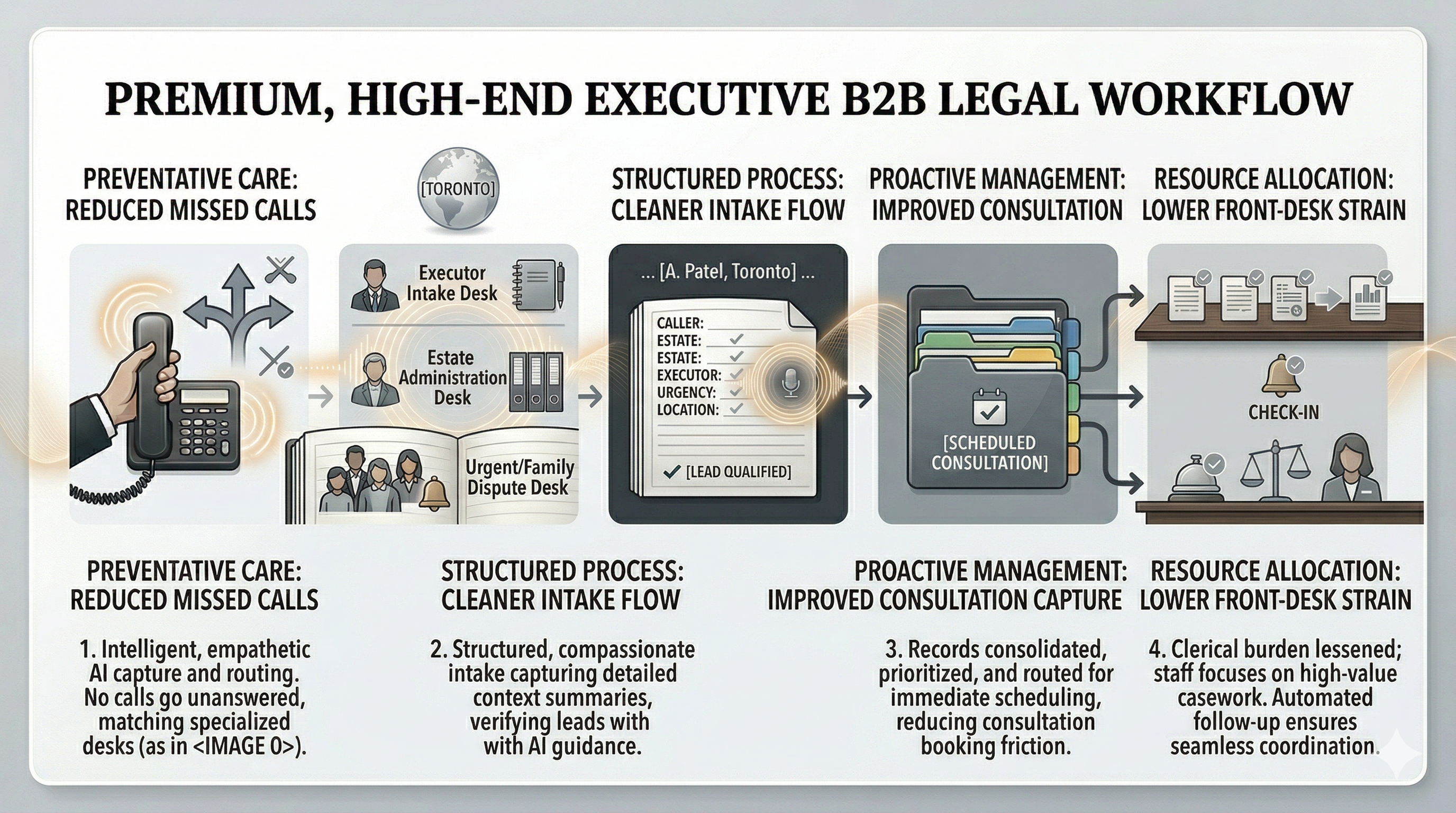 Business impact overview for probate law Voice AI shown as a premium legal executive graphic