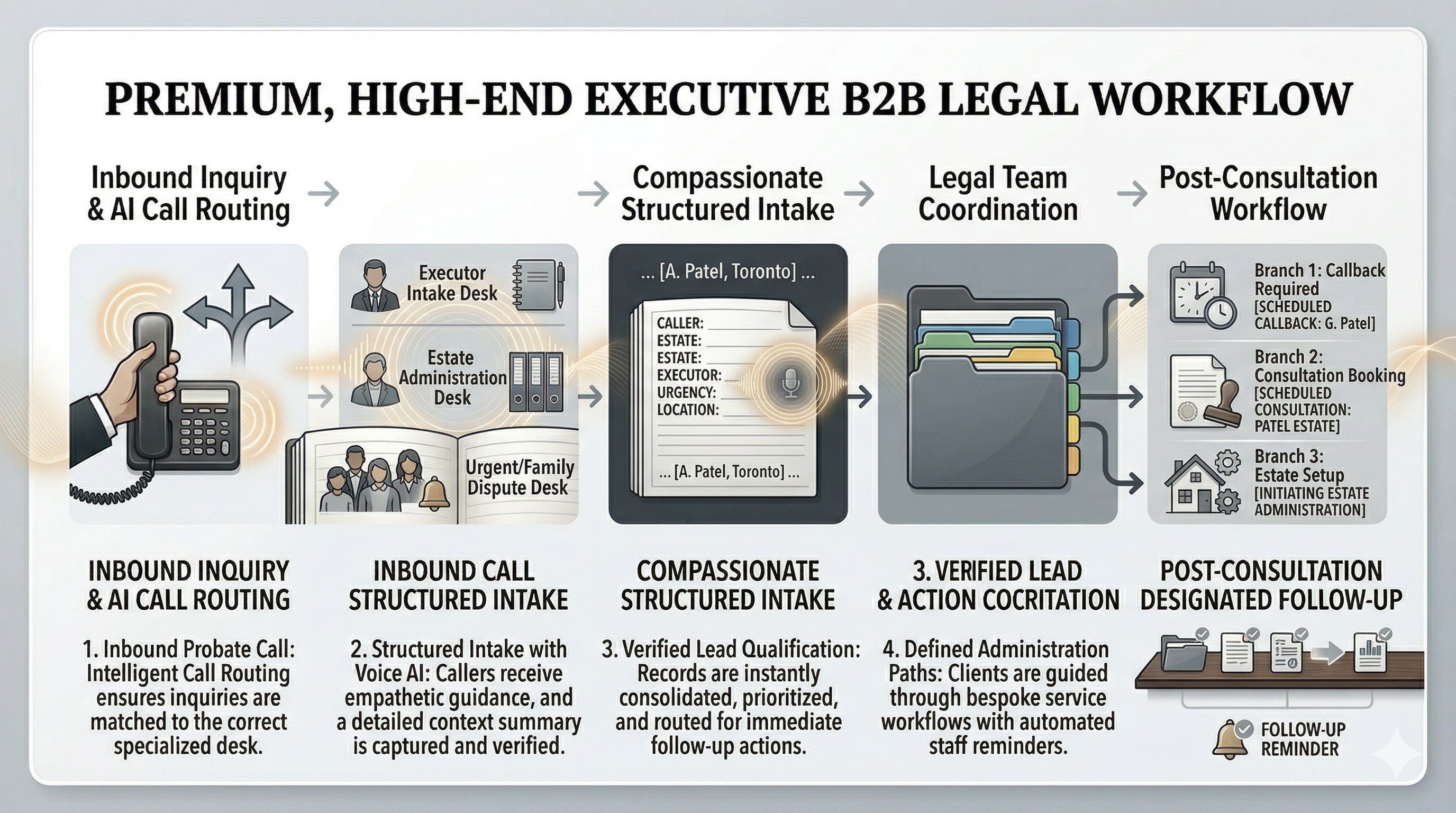 Probate law call routing and staff coordination workflow shown as a premium legal operations visual