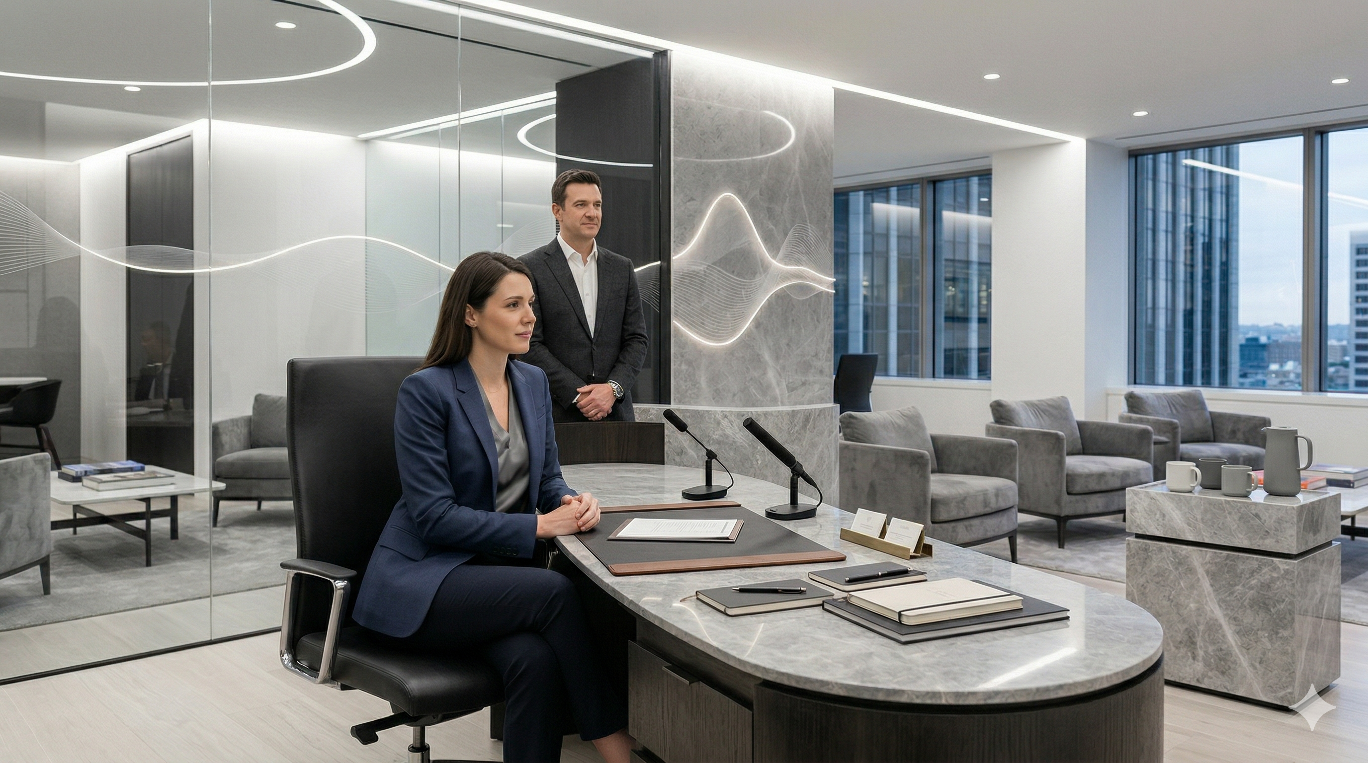 Professional law firm reception and call-handling environment with subtle Voice AI support cues