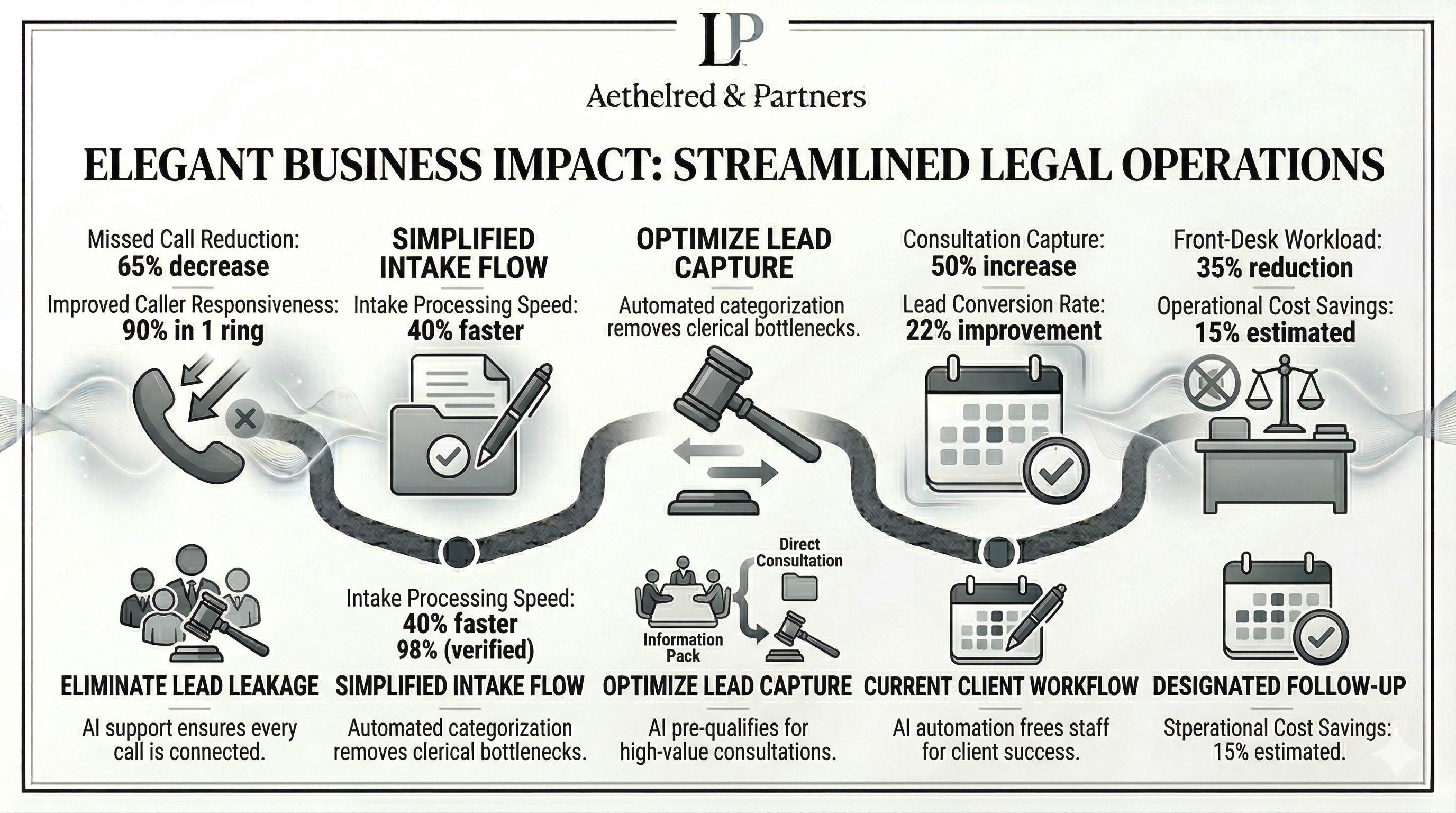 Business impact overview for an AI receptionist at a law firm shown as a premium legal executive graphic