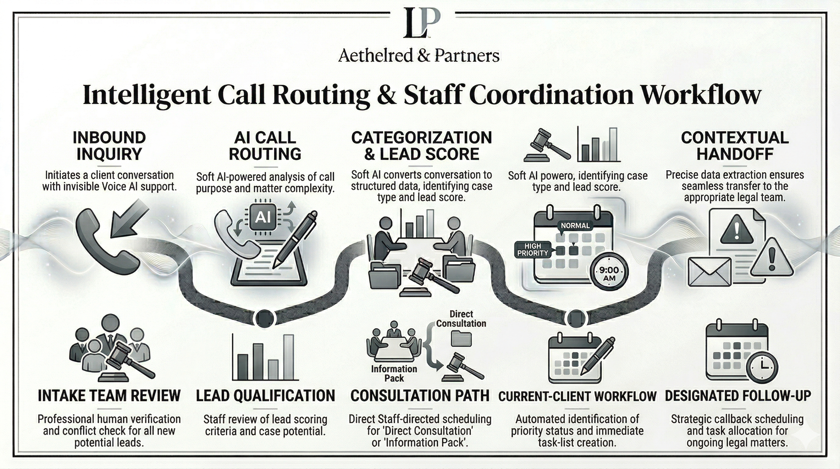 Law firm call routing and staff coordination workflow shown as a premium legal operations visual