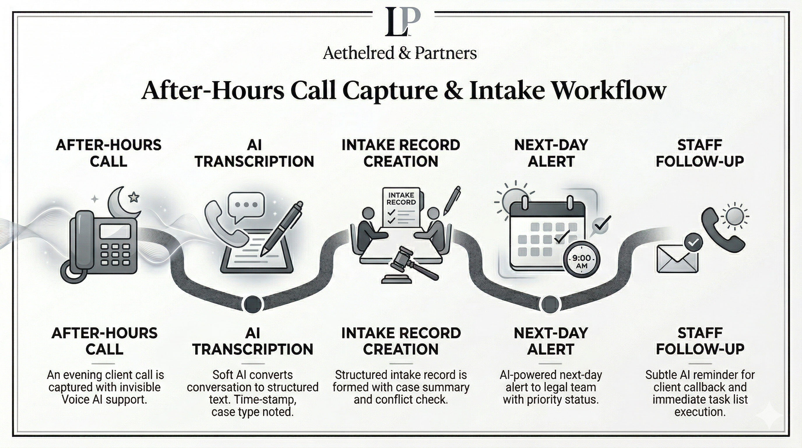 After-hours legal call handling shown in a premium law firm workflow visual