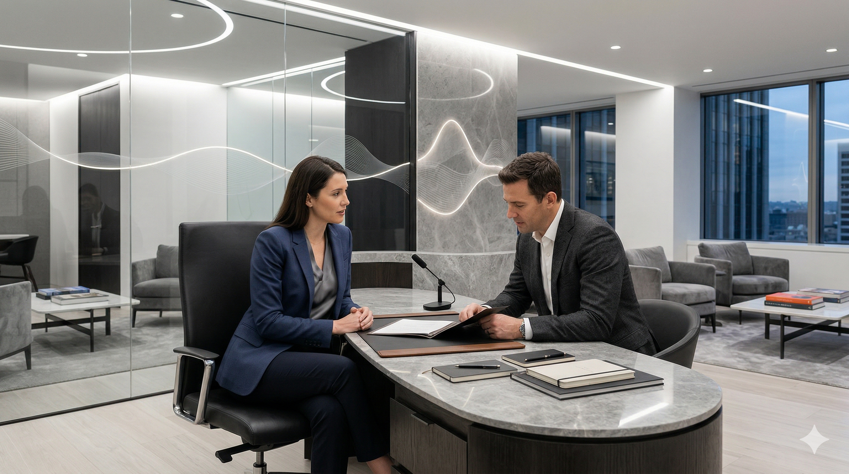 Law firm first-contact and reception environment with subtle Voice AI support elements in the background
