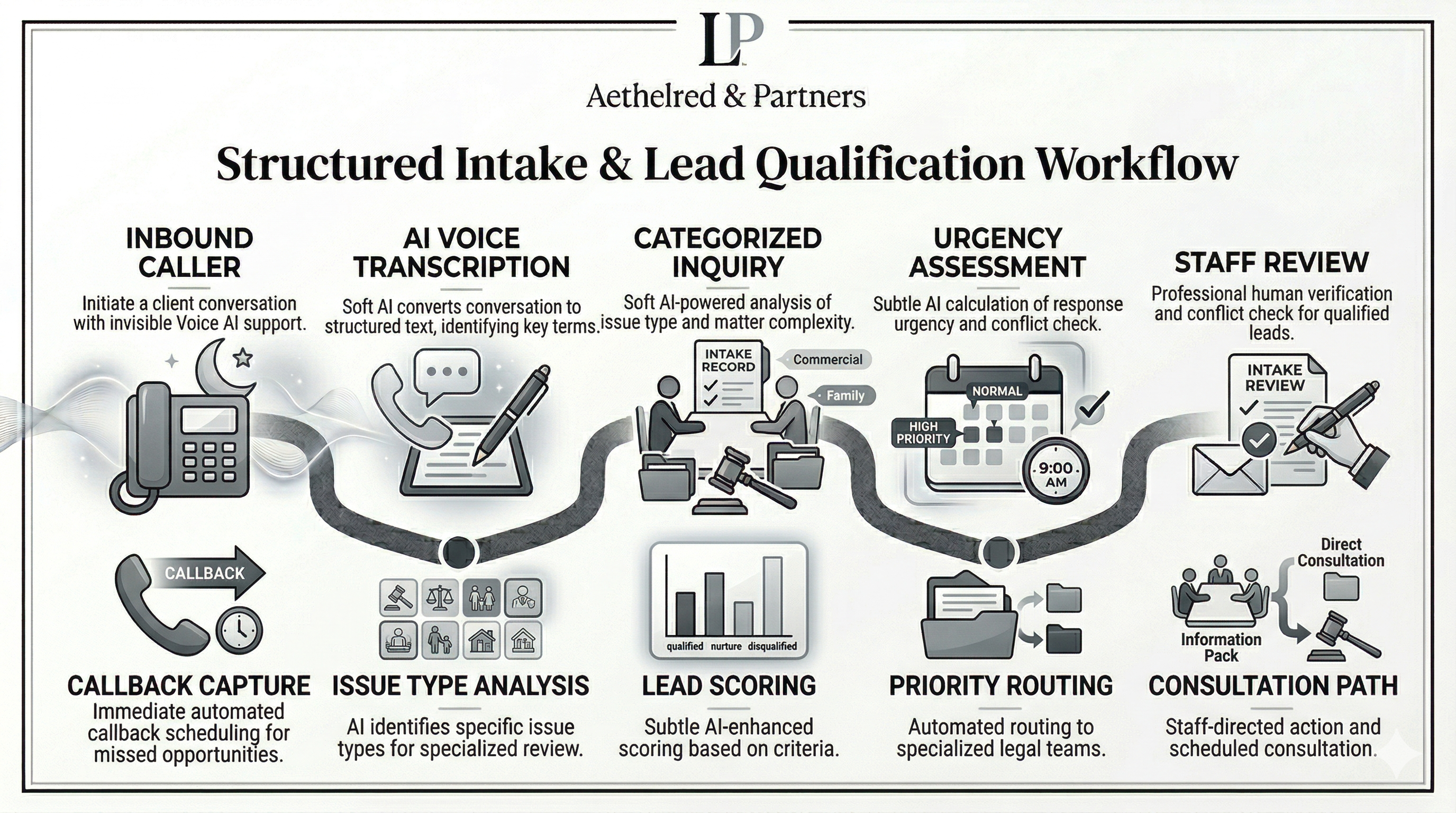 Legal intake and lead qualification workflow shown as a premium law firm operations graphic