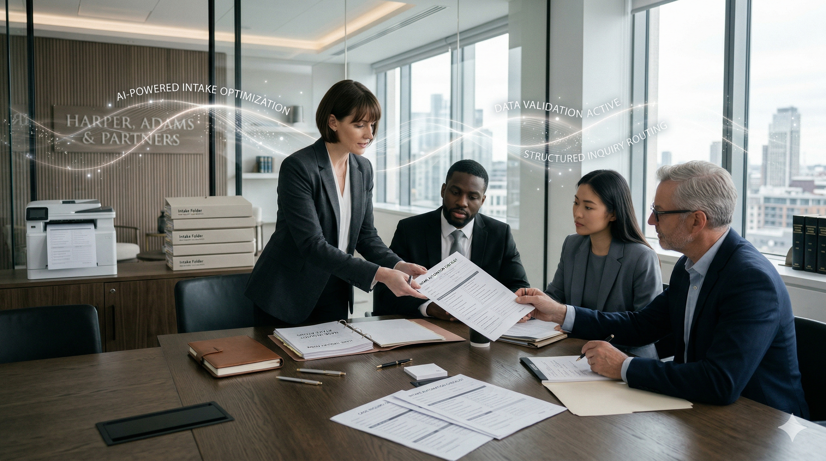 Legal intake automation workflow shown in a premium law firm operations setting