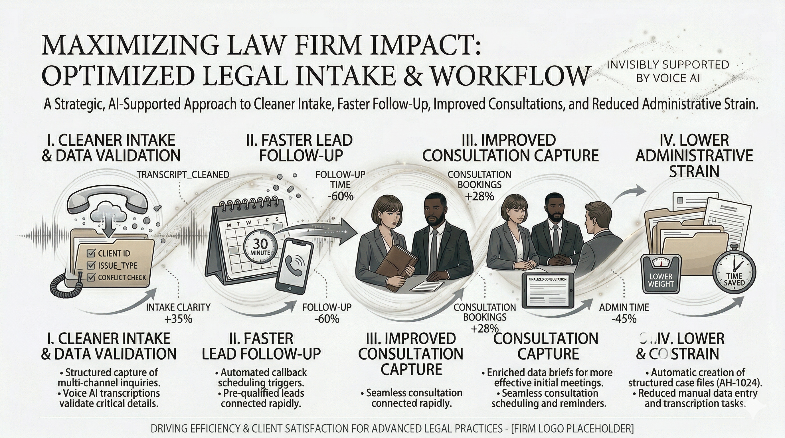 Business impact overview for legal intake automation shown as a premium legal executive graphic