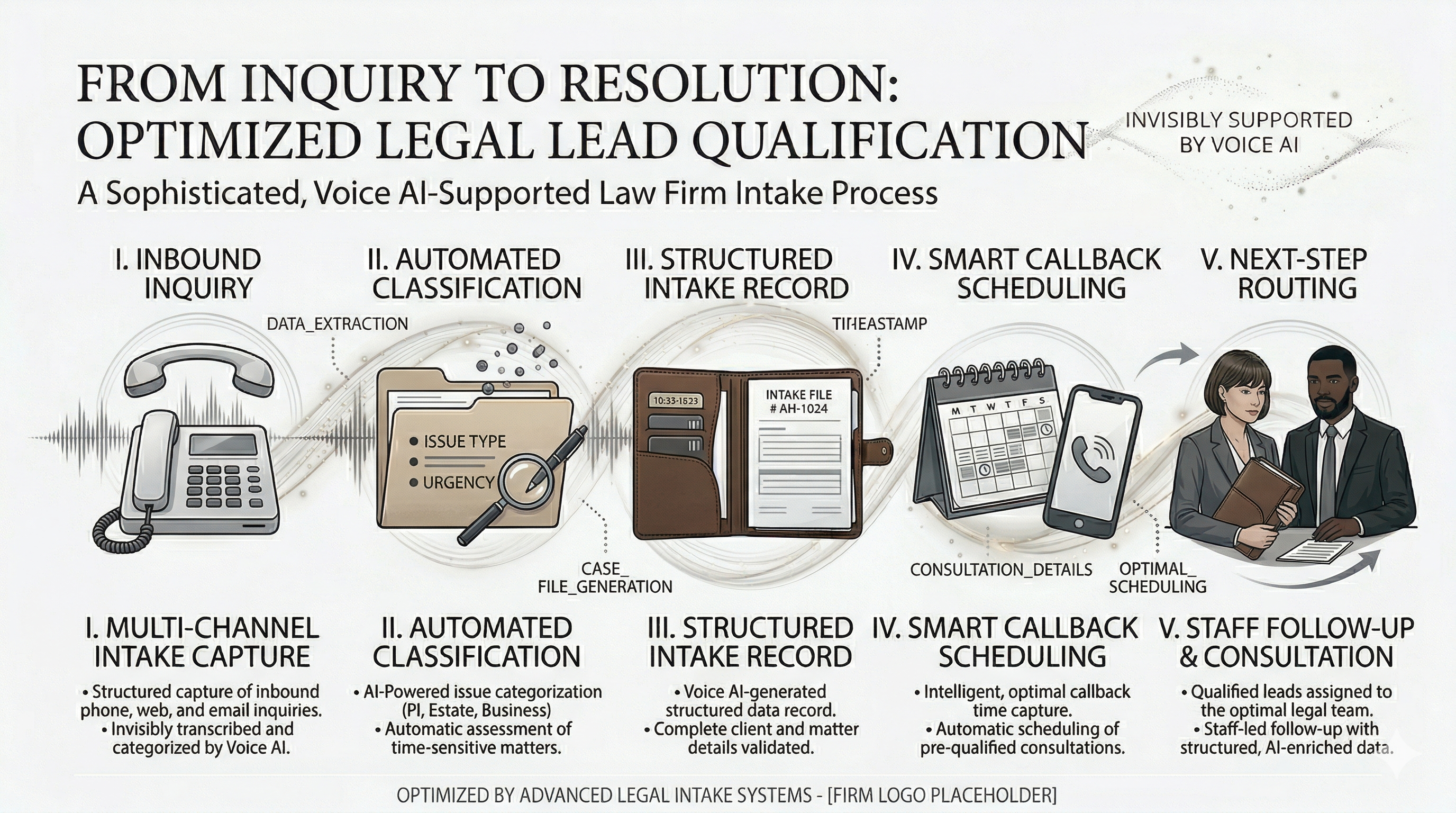 Legal lead qualification and intake review workflow shown in a premium law firm operations visual