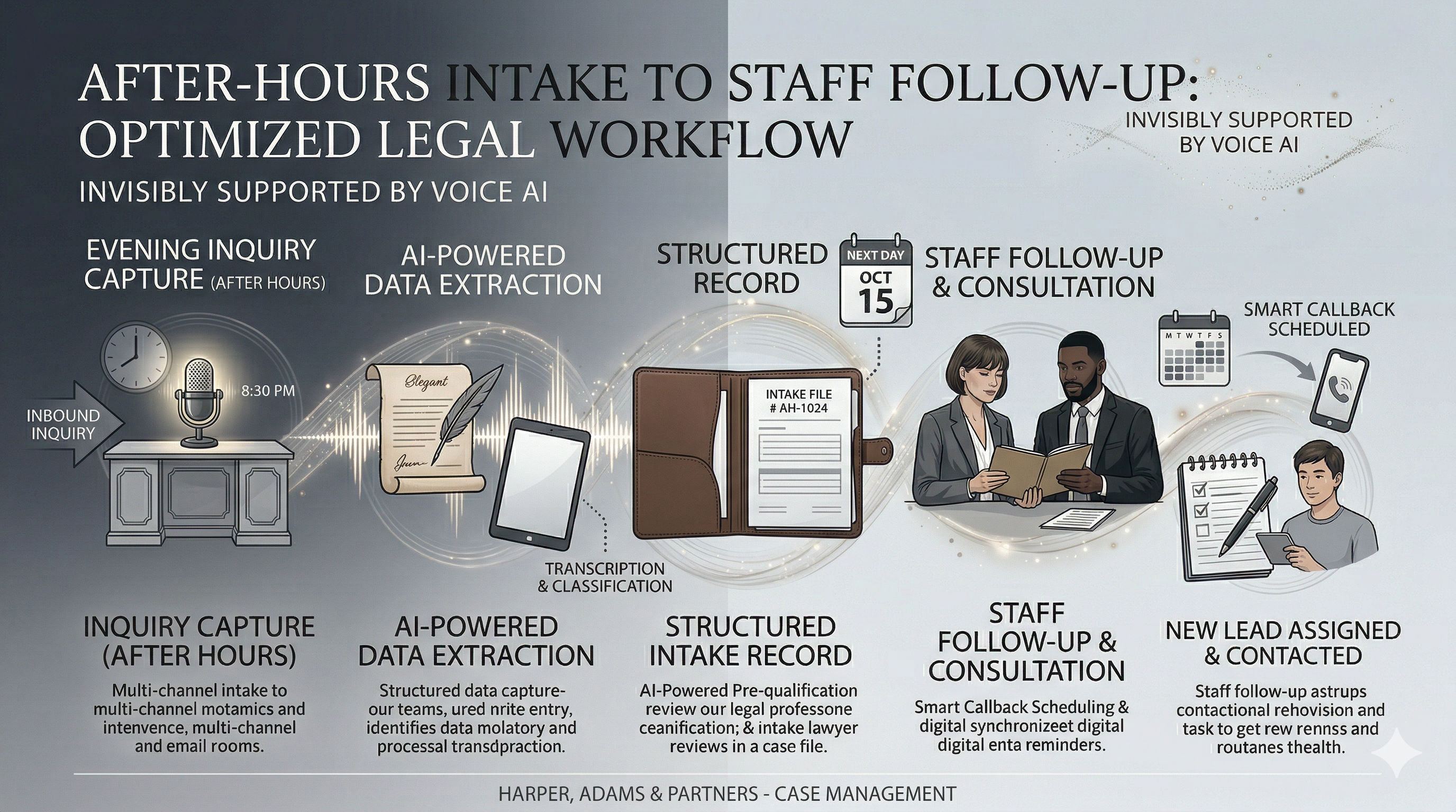 After-hours legal intake capture shown in a premium law firm workflow visual