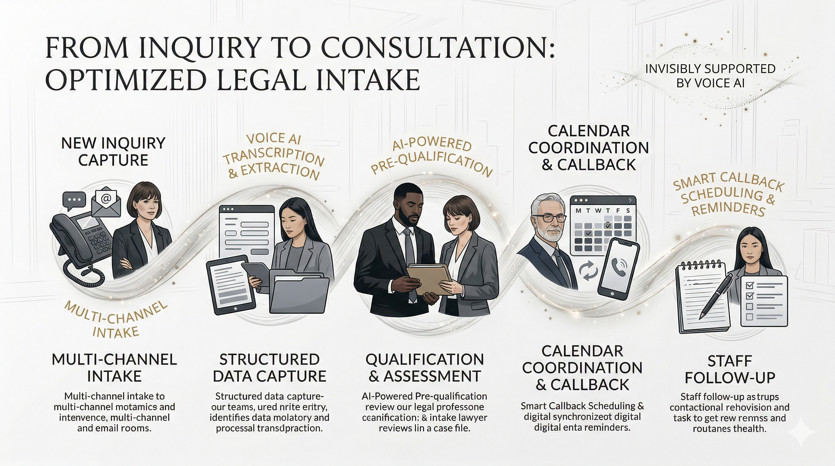 Legal intake to consultation scheduling workflow shown through a premium legal operations visual