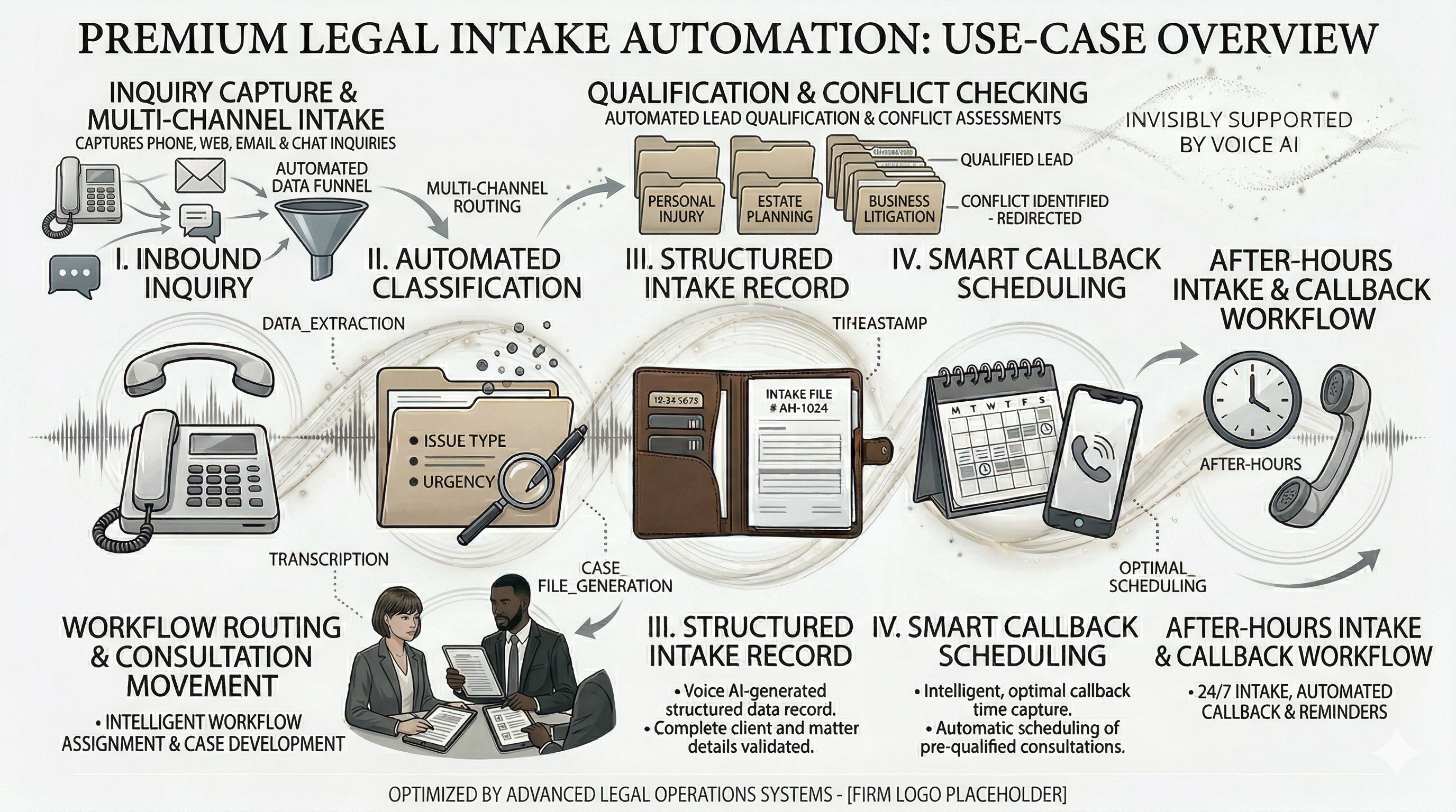Legal intake automation use cases shown as a premium law firm operations overview graphic