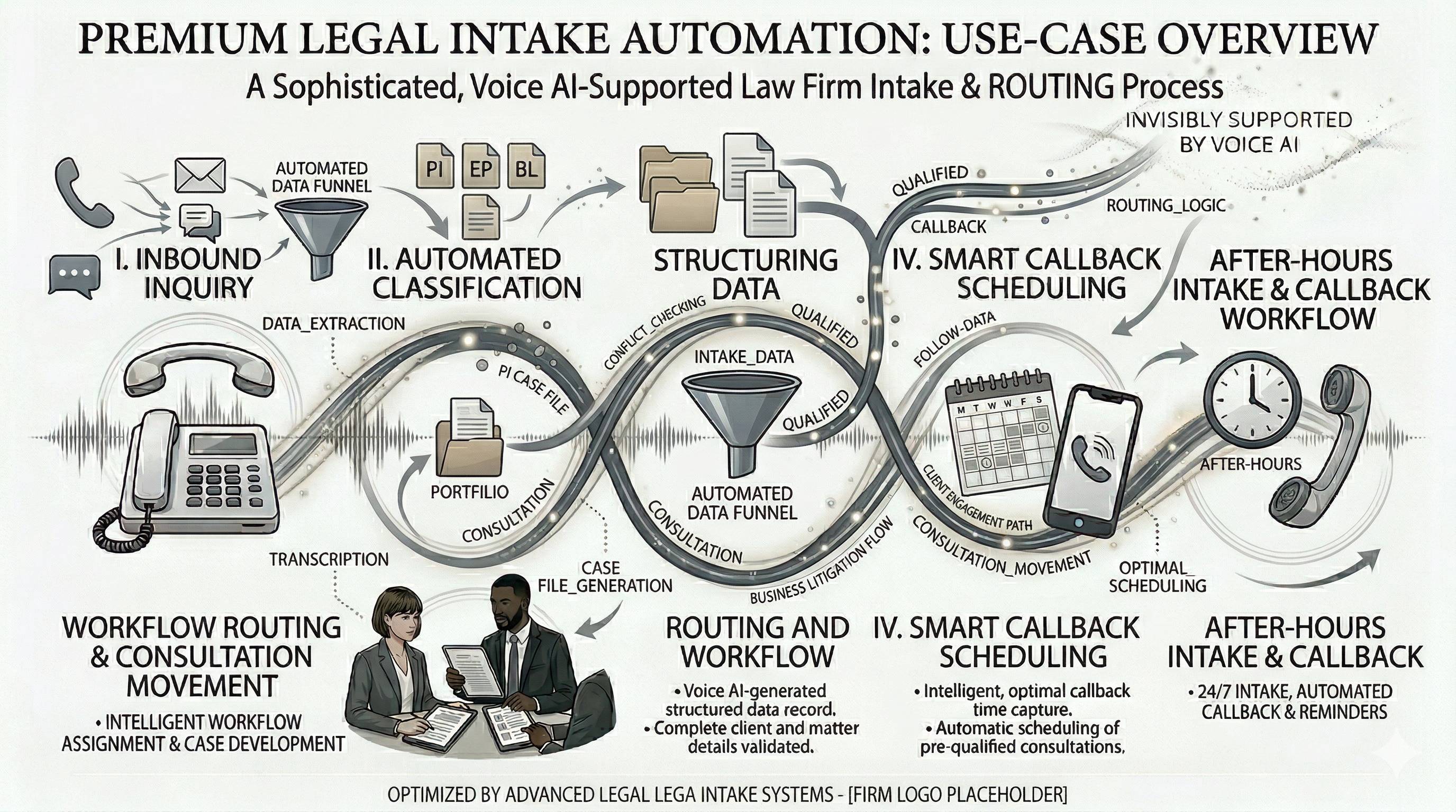 Legal intake routing and workflow coordination shown in a premium law firm operations visual