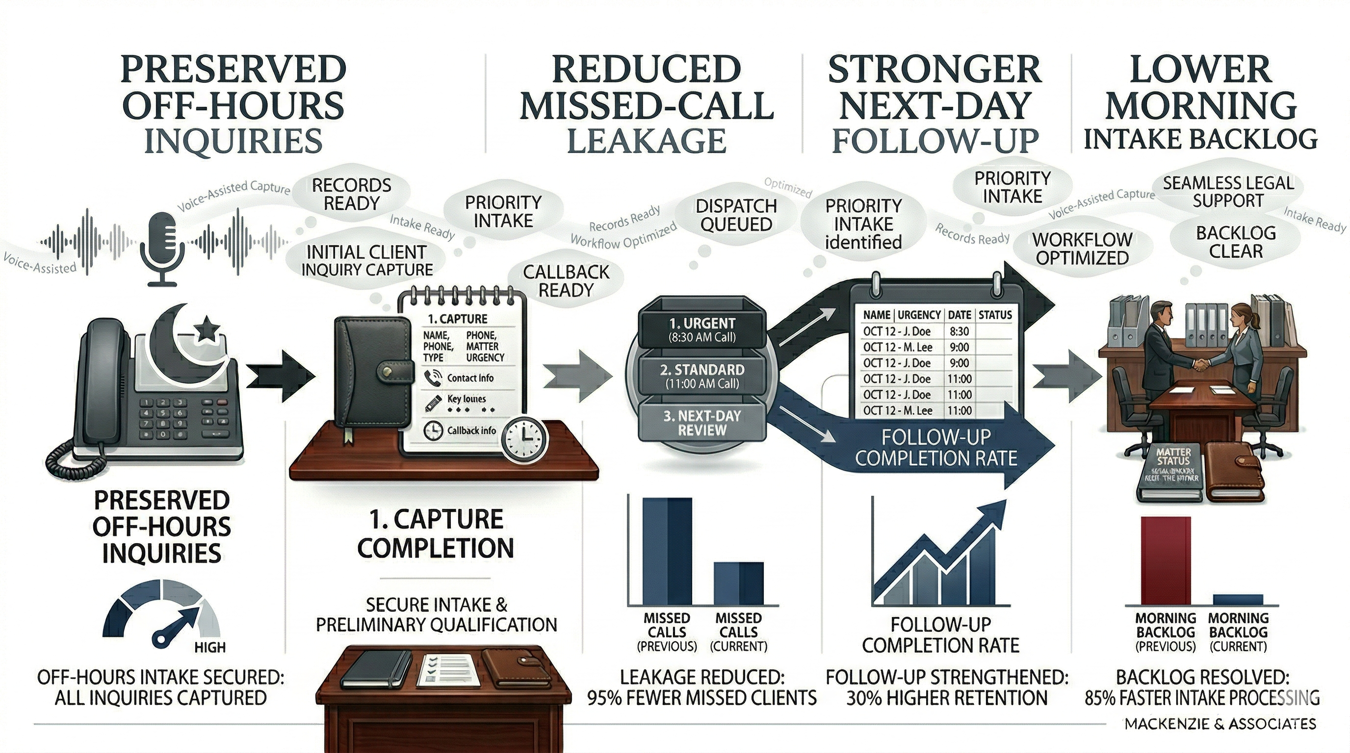 Business impact overview for after-hours legal call answering shown as a premium legal executive graphic