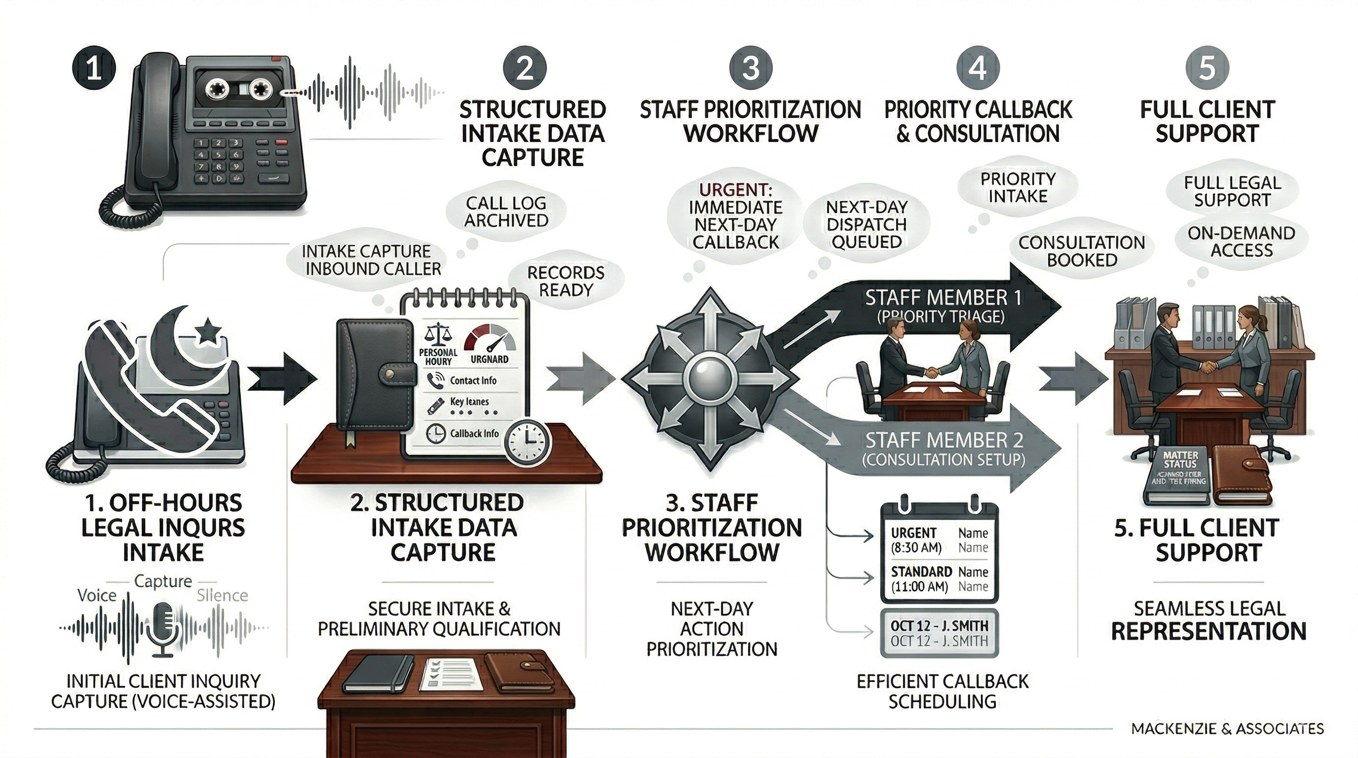 After-hours legal inquiry routing and workflow coordination shown in a premium law firm operations visual