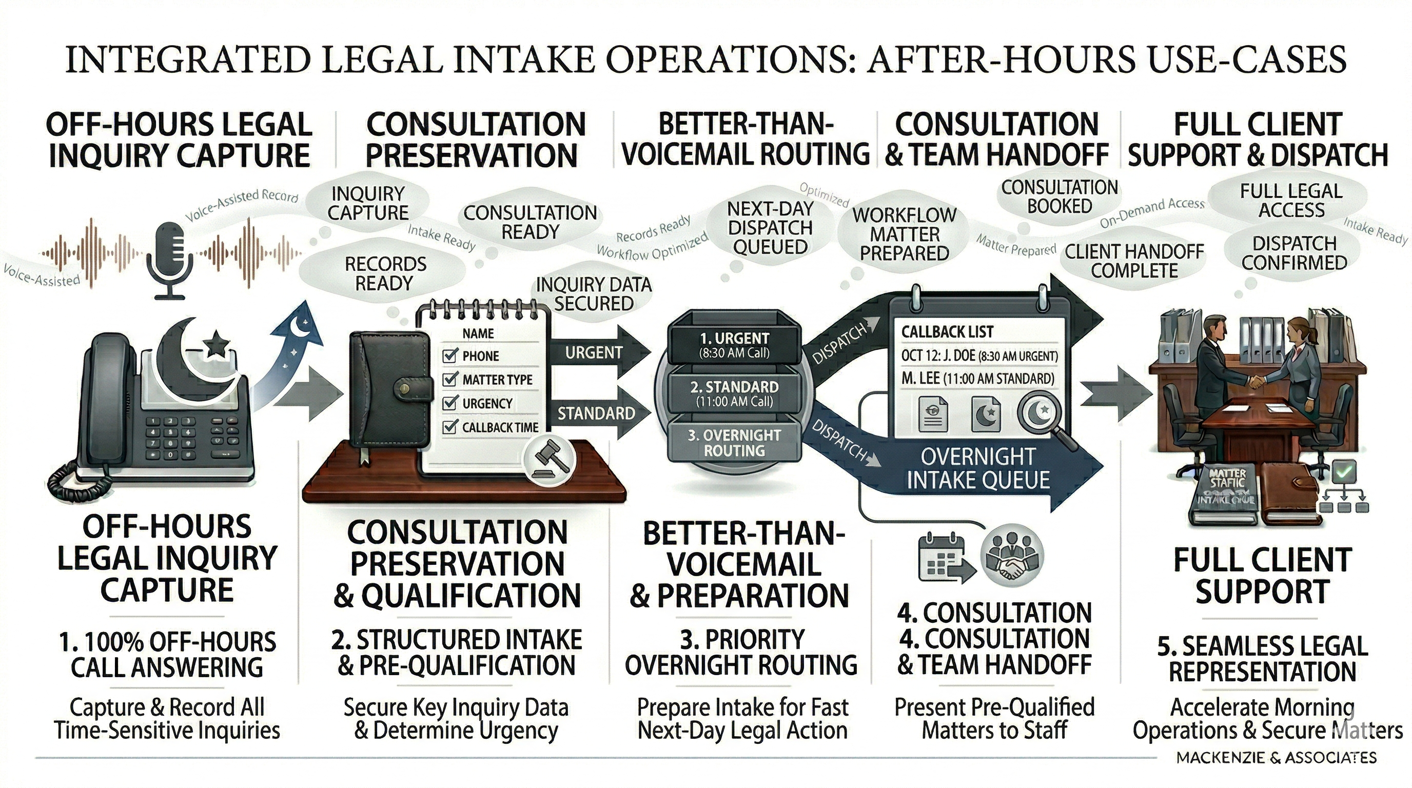 After-hours legal call answering use cases shown as a premium law firm operations overview graphic