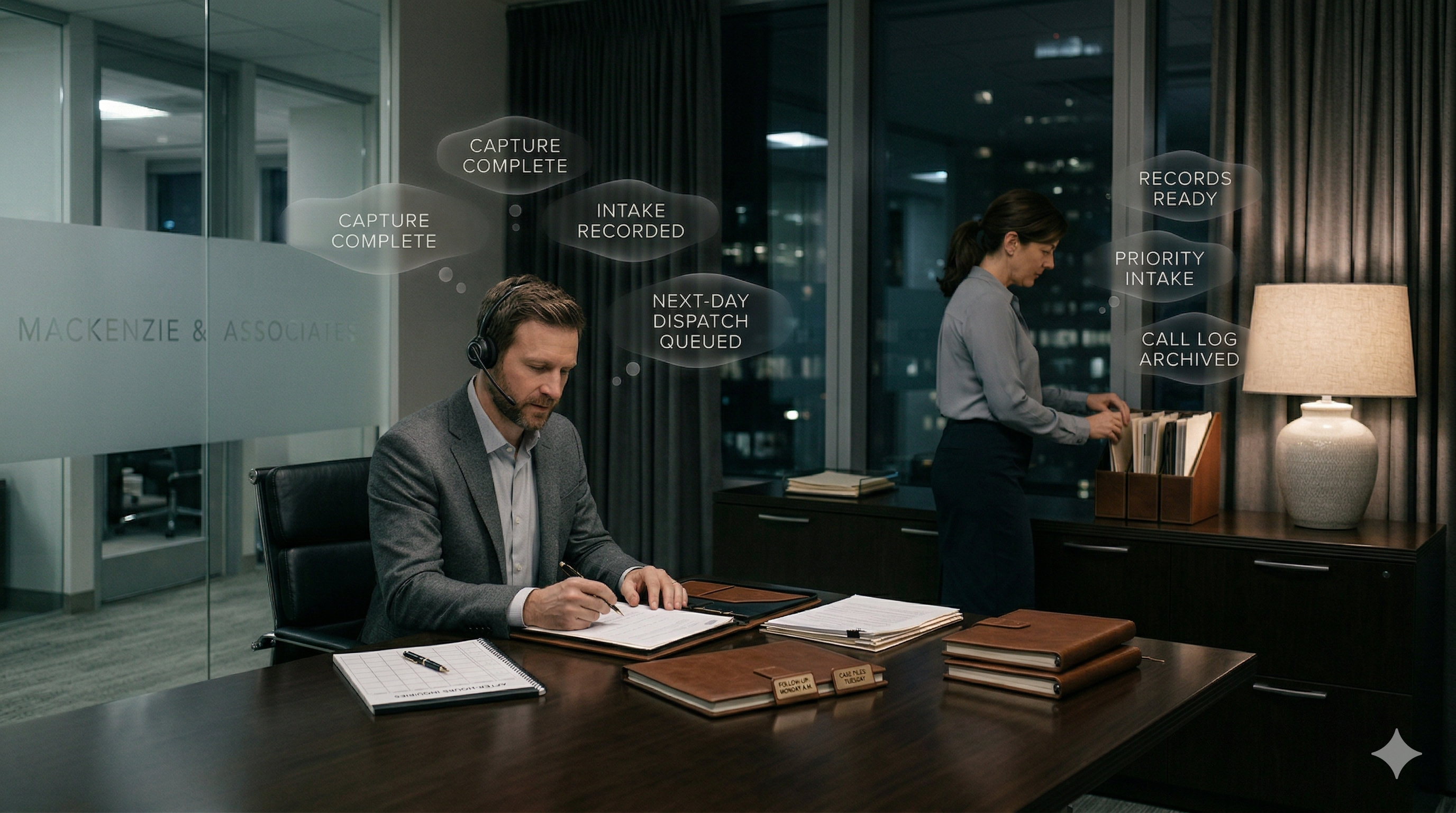 After-hours legal intake and call handling shown in a premium law firm workflow setting