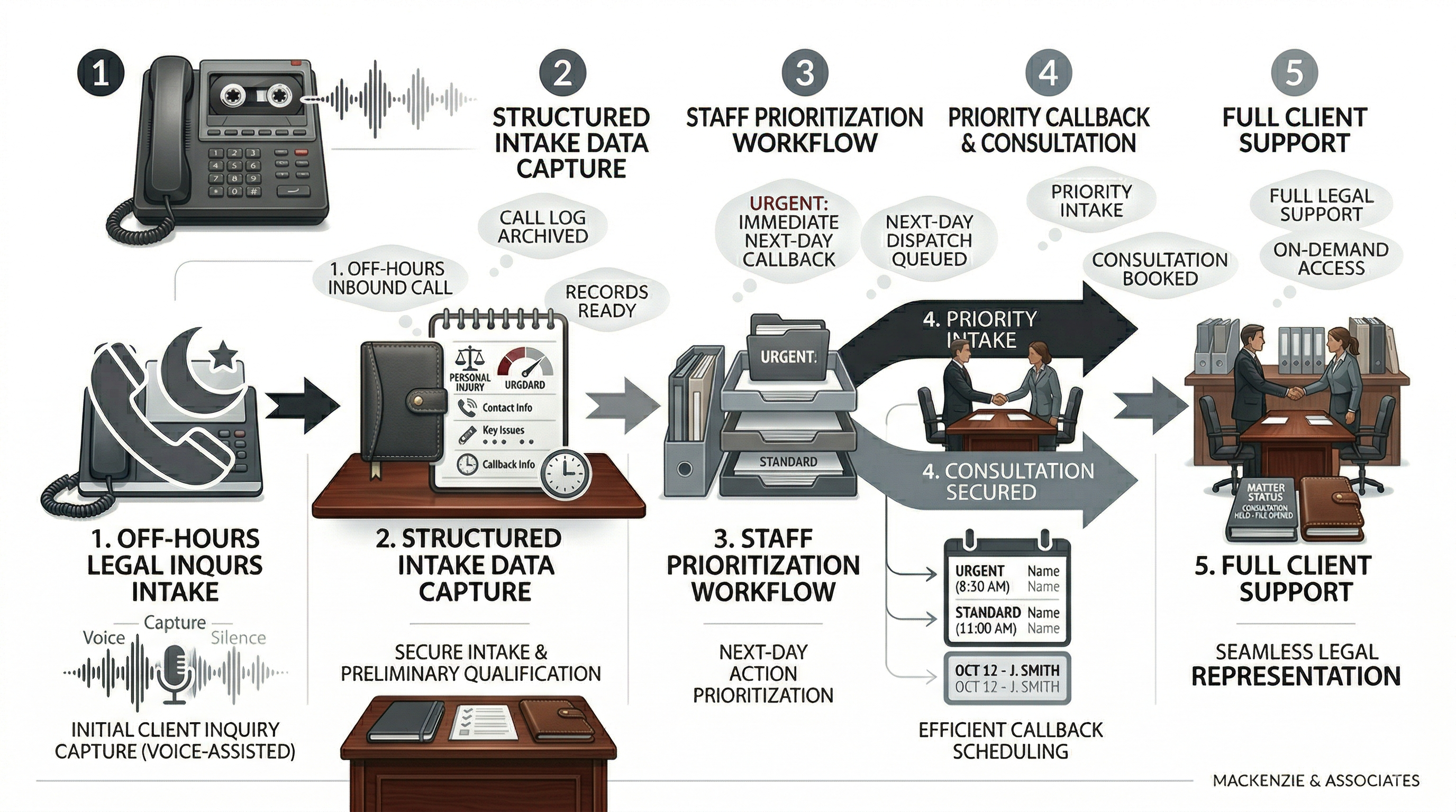 After-hours legal lead qualification and intake review workflow shown in a premium law firm operations visual