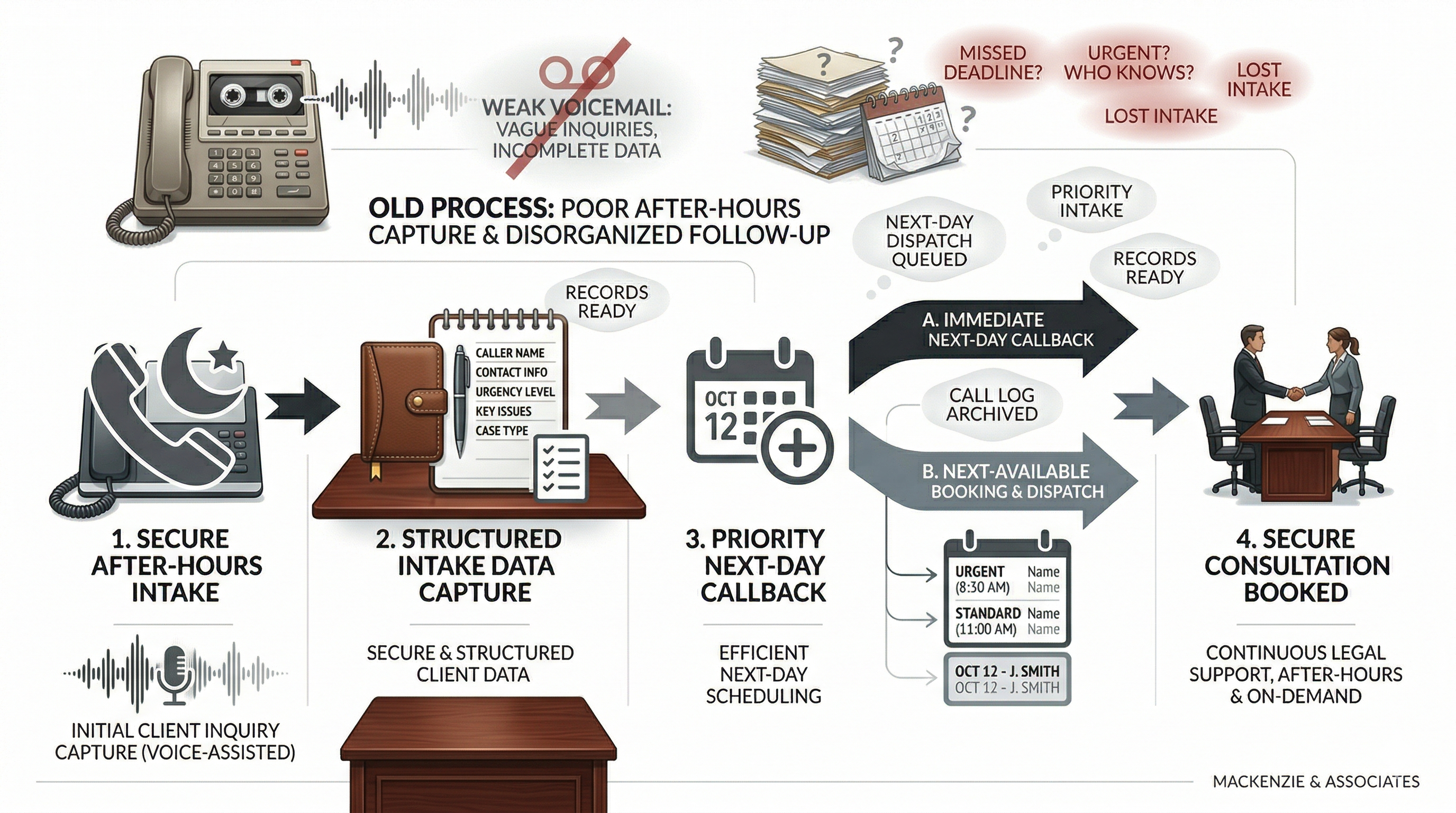 After-hours legal intake quality workflow shown in a premium law firm operations visual