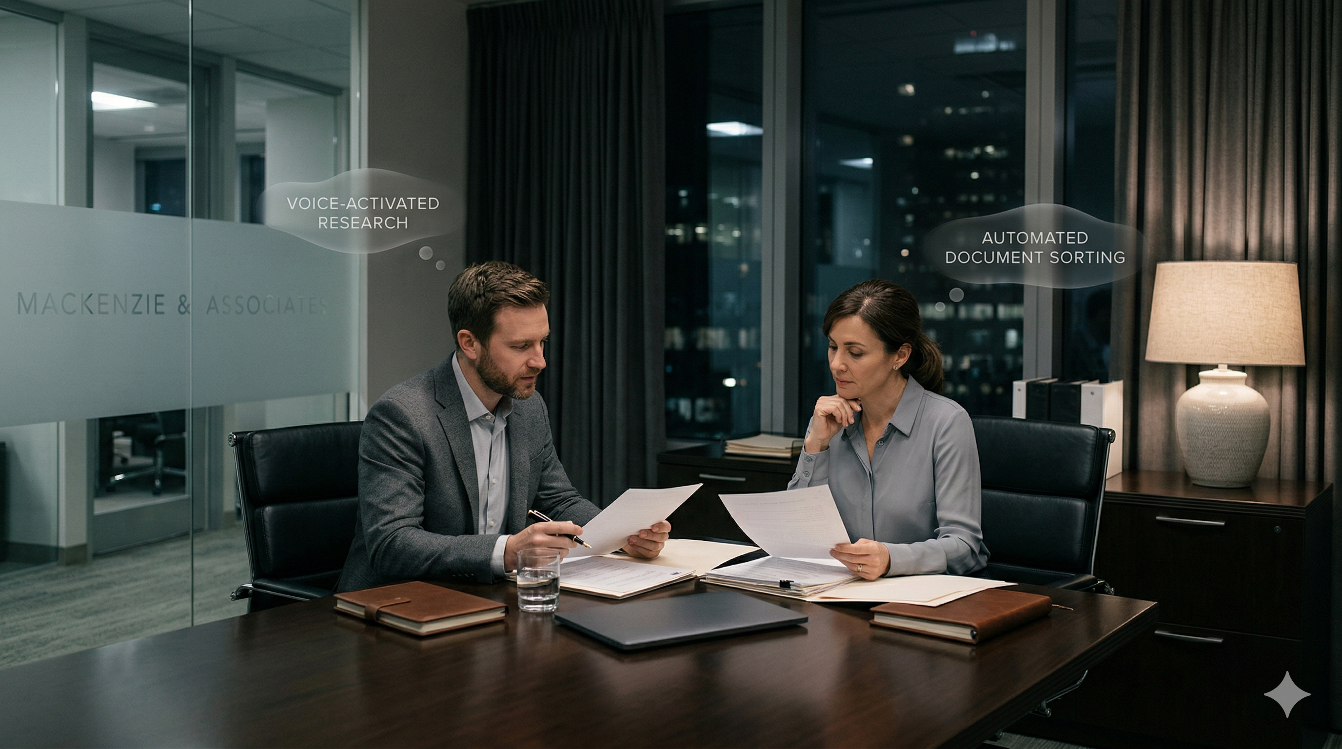 After-hours legal call answering environment with subtle Voice AI support elements in the background