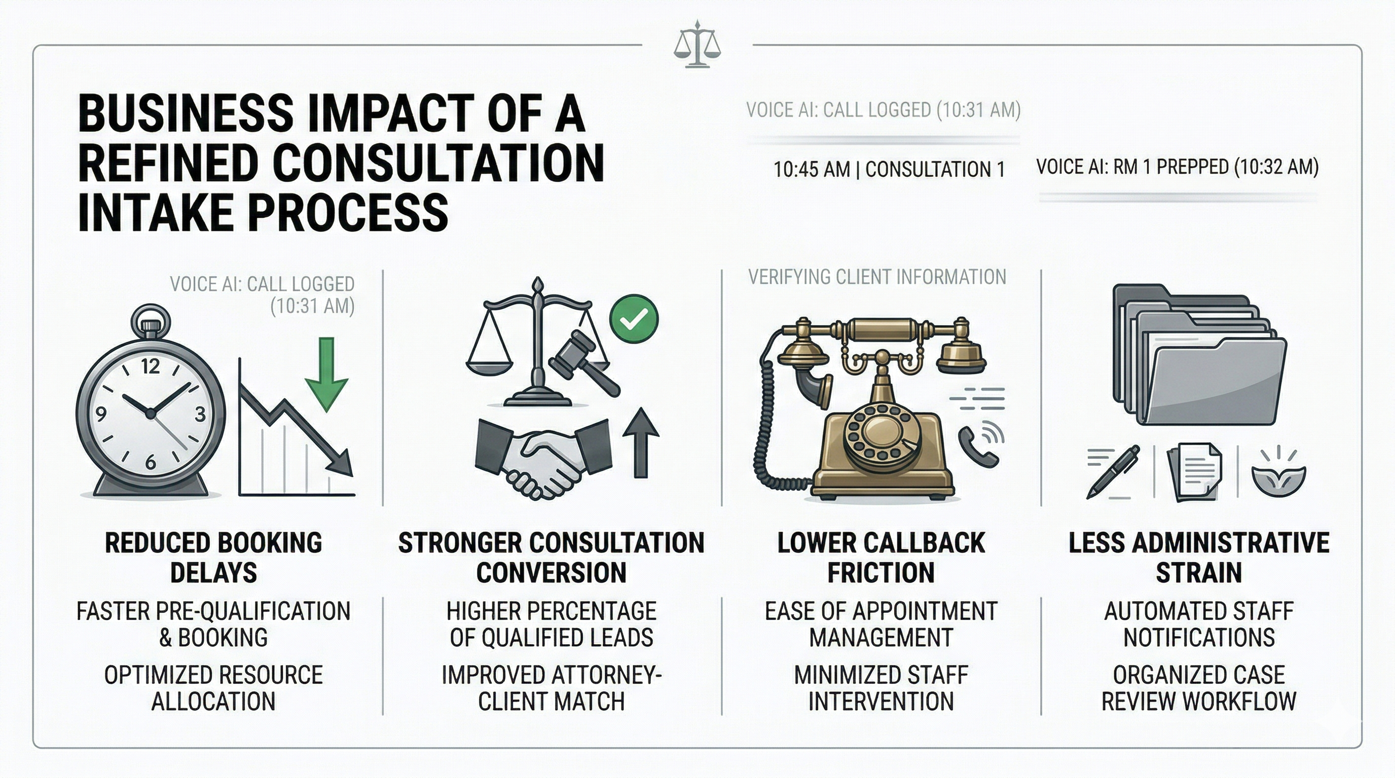 Consultation scheduling routing and workflow coordination shown in a premium law firm operations visual