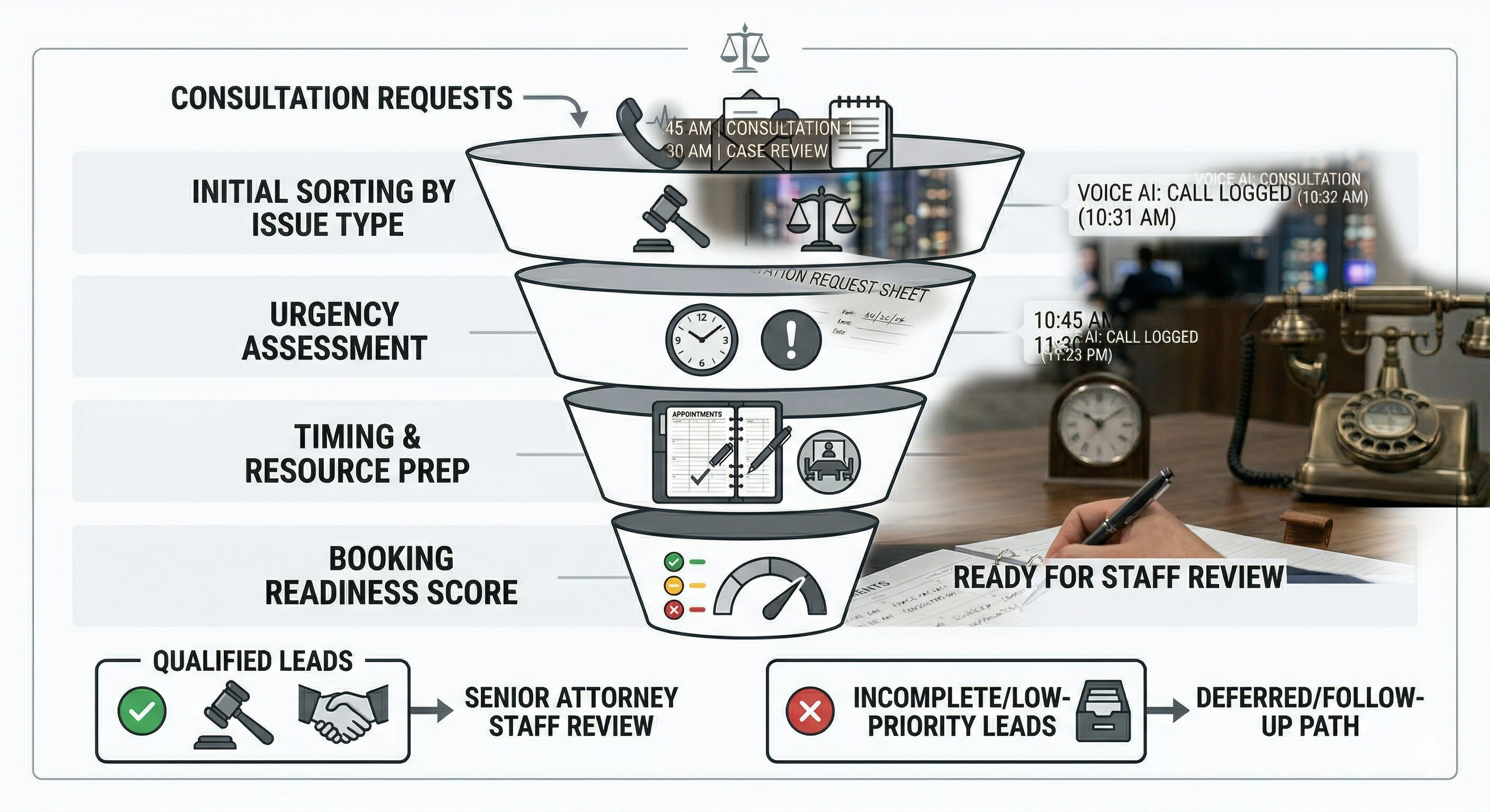 Consultation qualification and booking workflow shown in a premium law firm operations visual